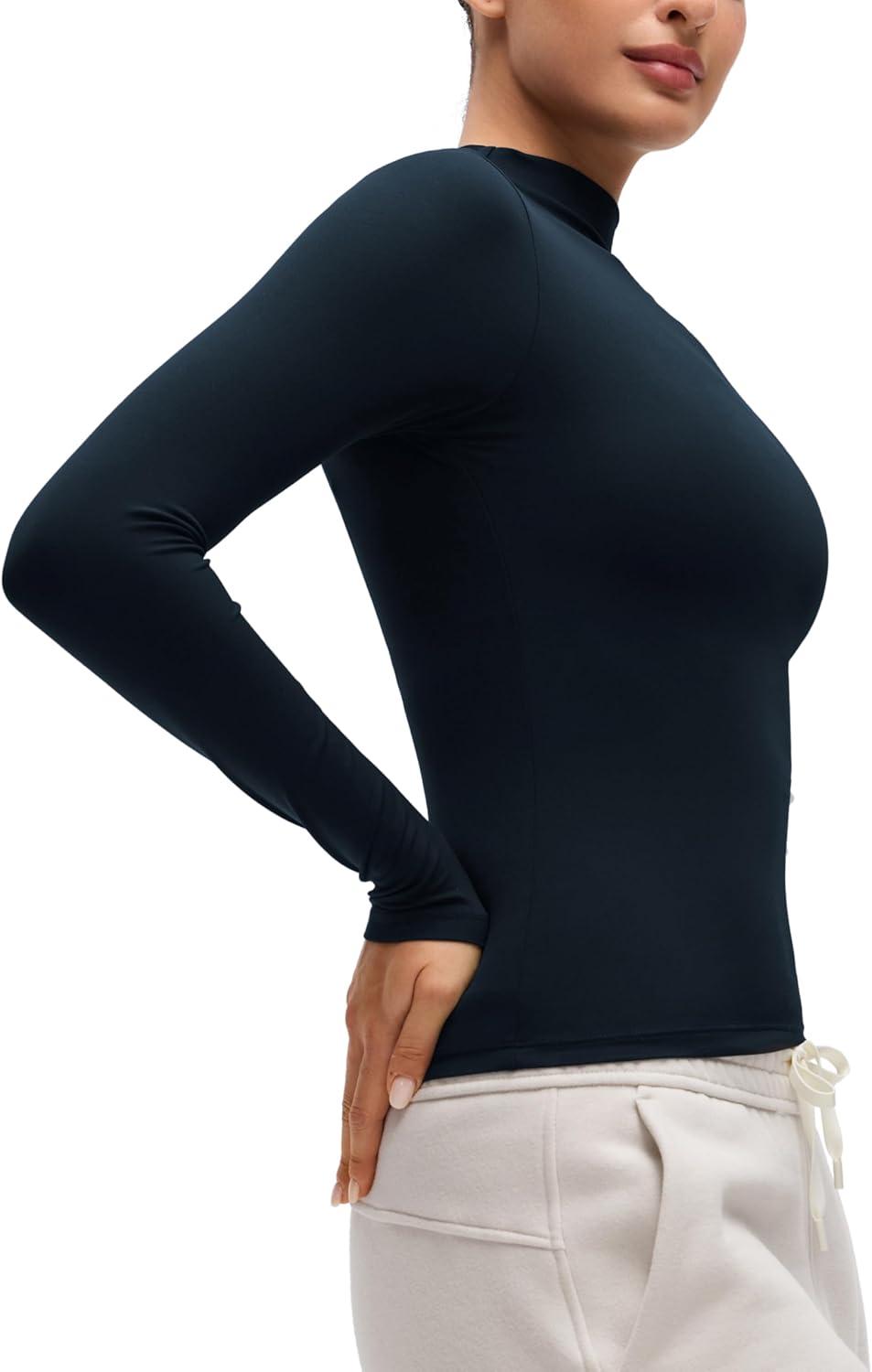 imageCRZ YOGA Softembrace Mock Neck Long Sleeve Shirts for Women Casual Going Out Comfort Tops Soft Fitted Layer Underwear TeesTrue Navy