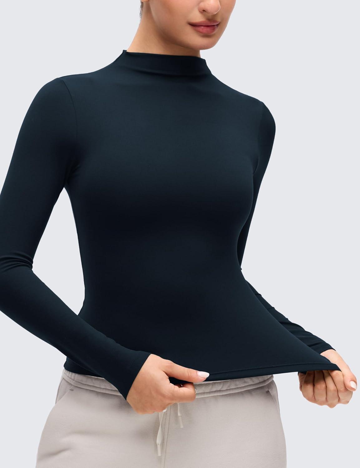 imageCRZ YOGA Softembrace Mock Neck Long Sleeve Shirts for Women Casual Going Out Comfort Tops Soft Fitted Layer Underwear TeesTrue Navy