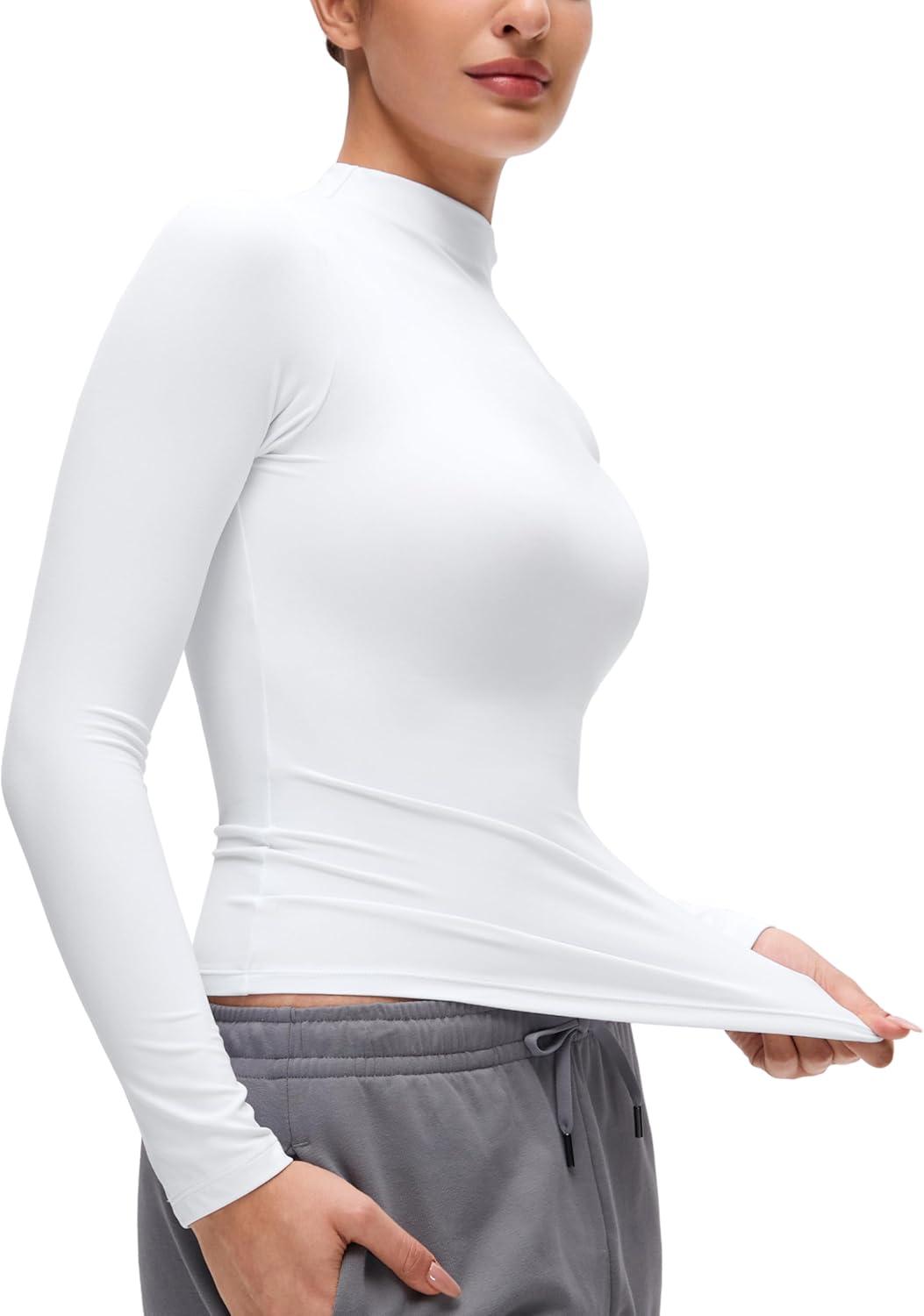 imageCRZ YOGA Softembrace Mock Neck Long Sleeve Shirts for Women Casual Going Out Comfort Tops Soft Fitted Layer Underwear TeesWhite