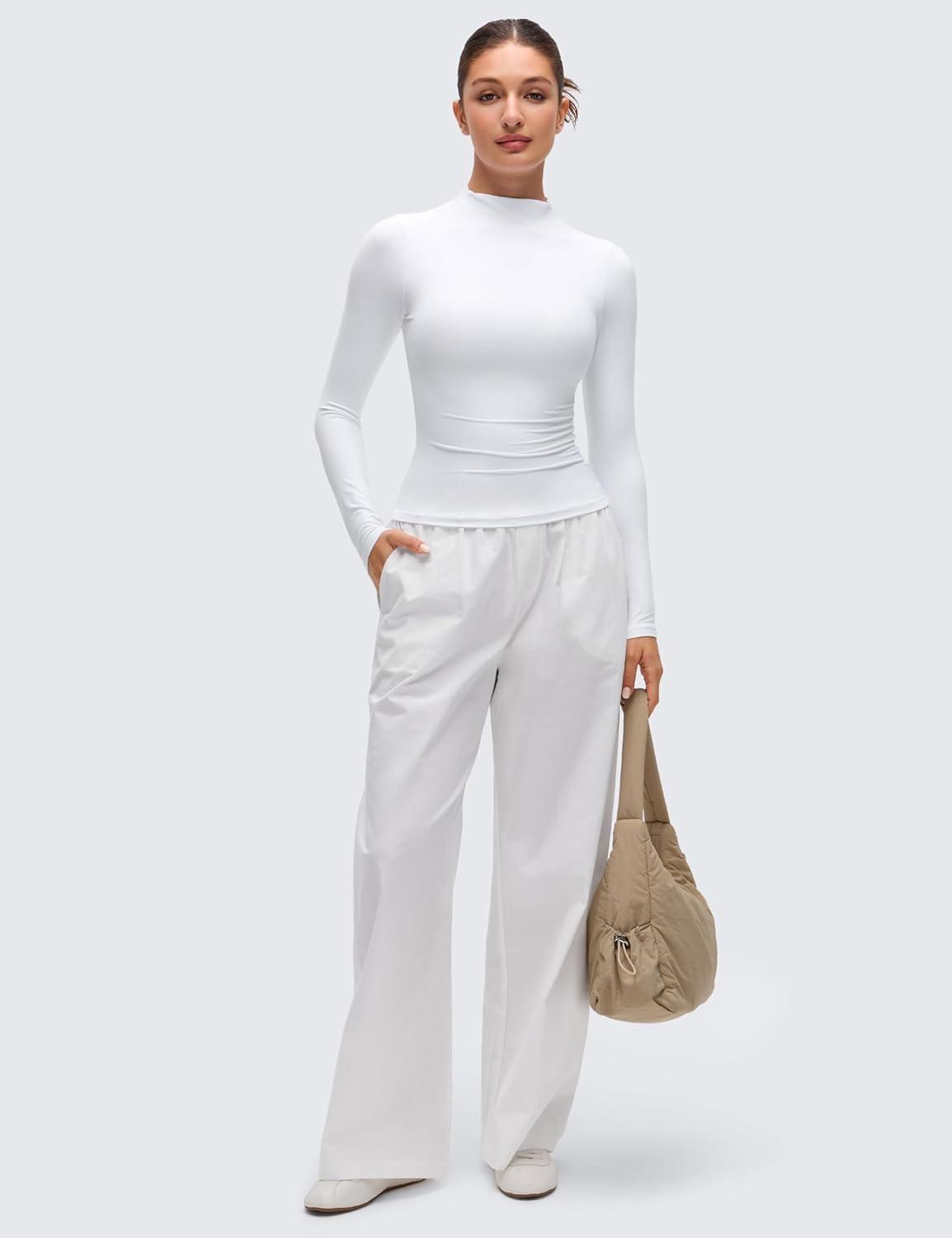 imageCRZ YOGA Softembrace Mock Neck Long Sleeve Shirts for Women Casual Going Out Comfort Tops Soft Fitted Layer Underwear TeesWhite