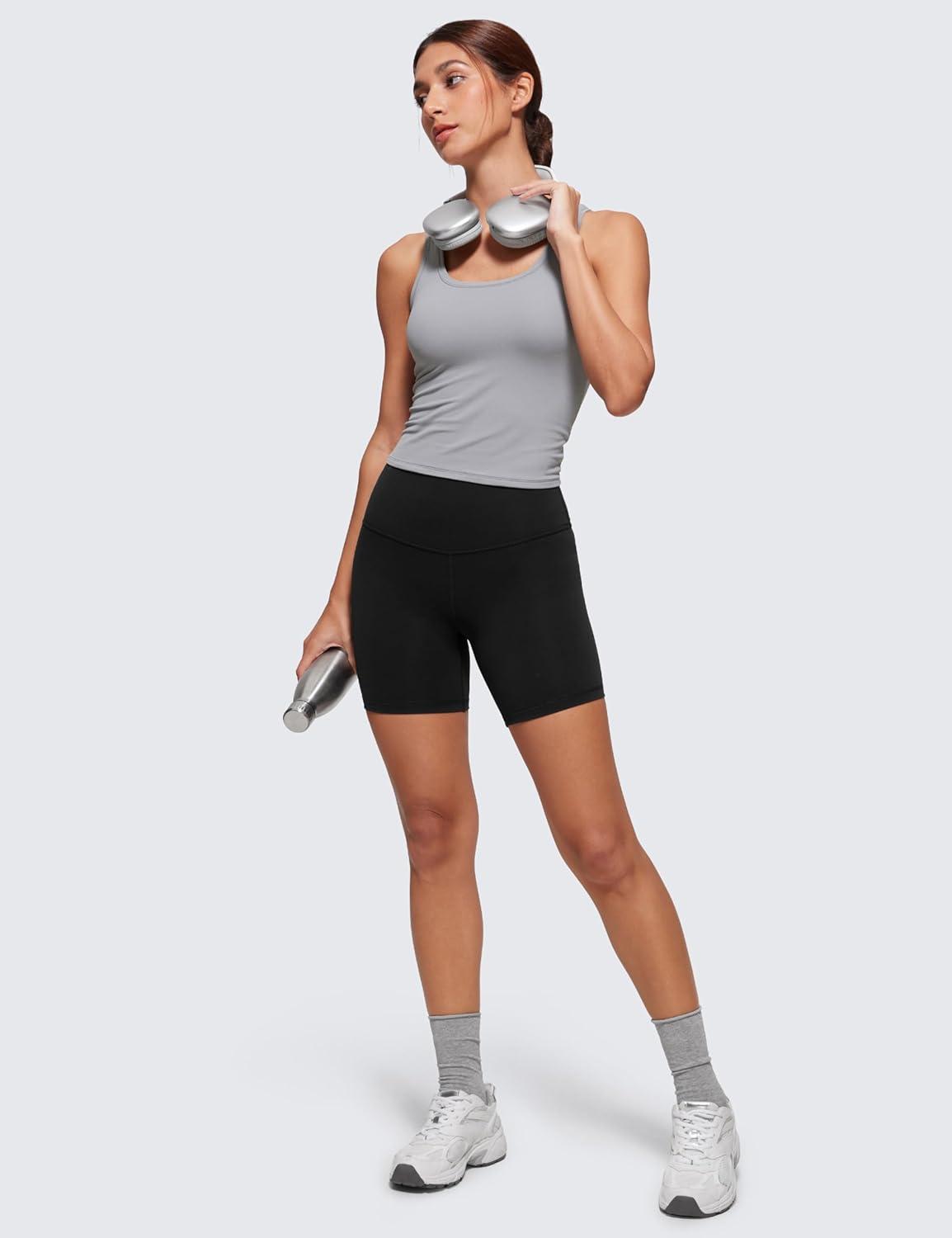 imageCRZ YOGA Softembrace Scoop Neck Tank Tops for Women Casual Going Out Soft Double Lined Crop Basic Sleeveless ShirtsRhino Grey