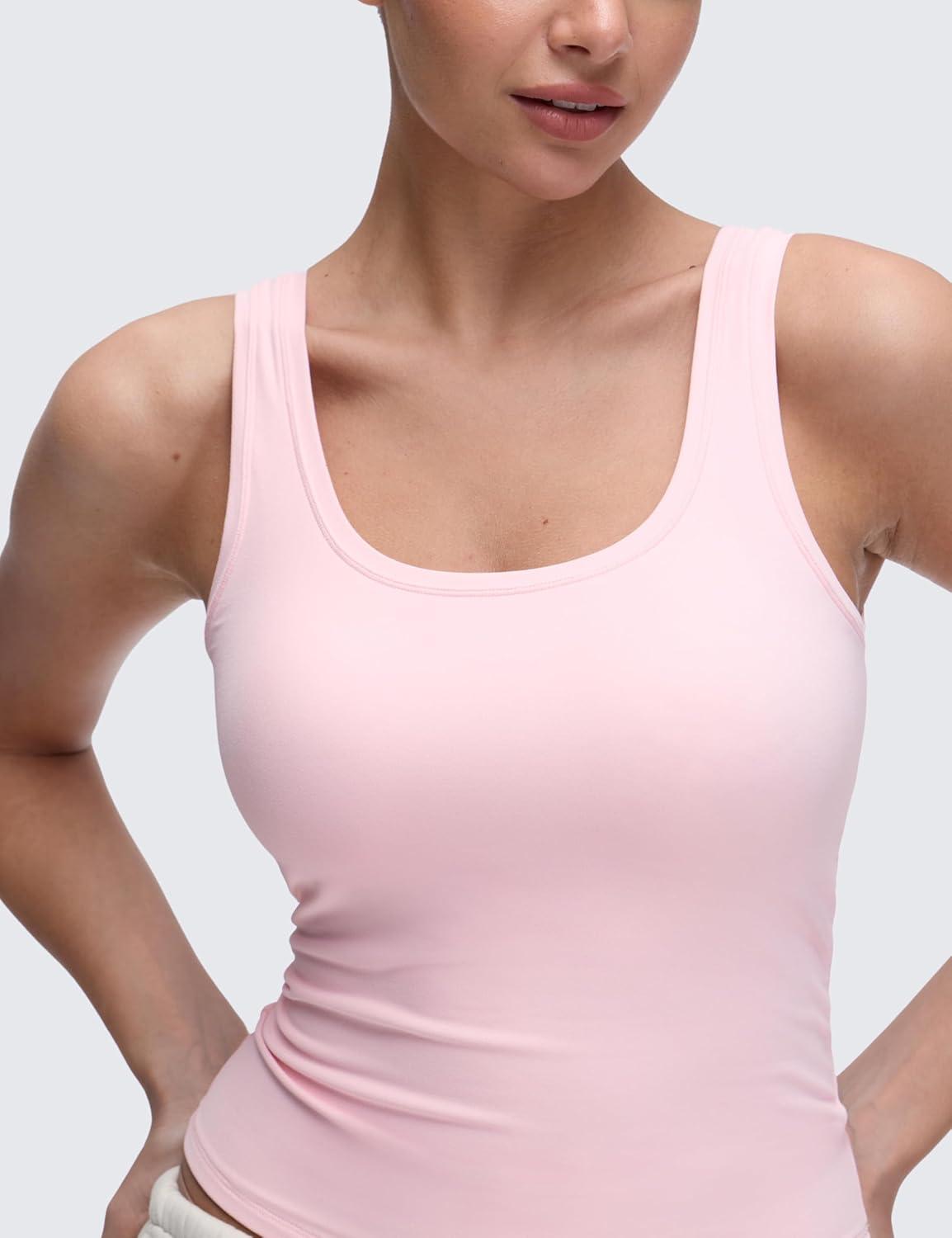 imageCRZ YOGA Softembrace Scoop Neck Tank Tops for Women Casual Going Out Soft Double Lined Crop Basic Sleeveless ShirtsStrawberry Pink