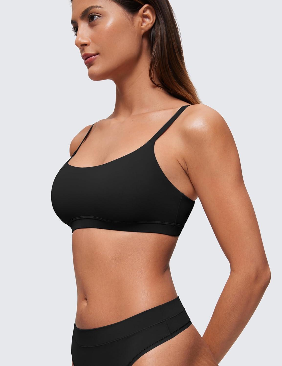 imageCRZ YOGA Softhold Double Lined Scoop Neck Bralette Womens Adjustable Straps Cami Wireless Sleep TShirt Everyday BraBlack