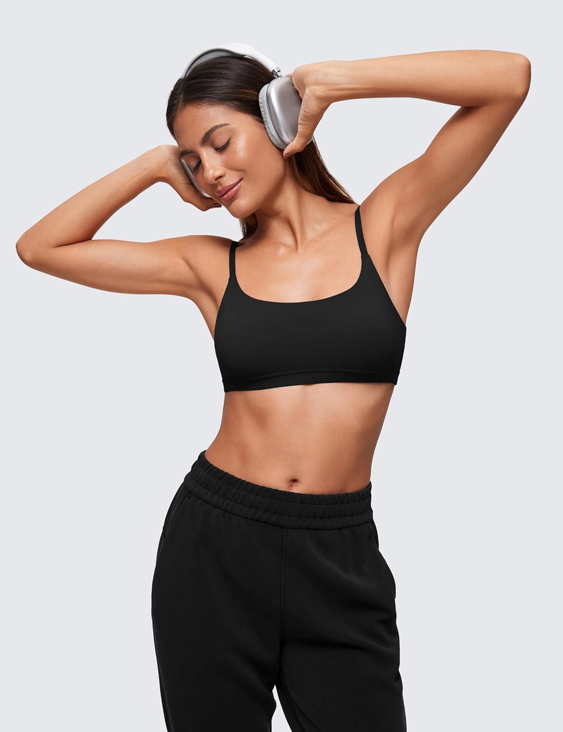 imageCRZ YOGA Softhold Double Lined Scoop Neck Bralette Womens Adjustable Straps Cami Wireless Sleep TShirt Everyday BraBlack