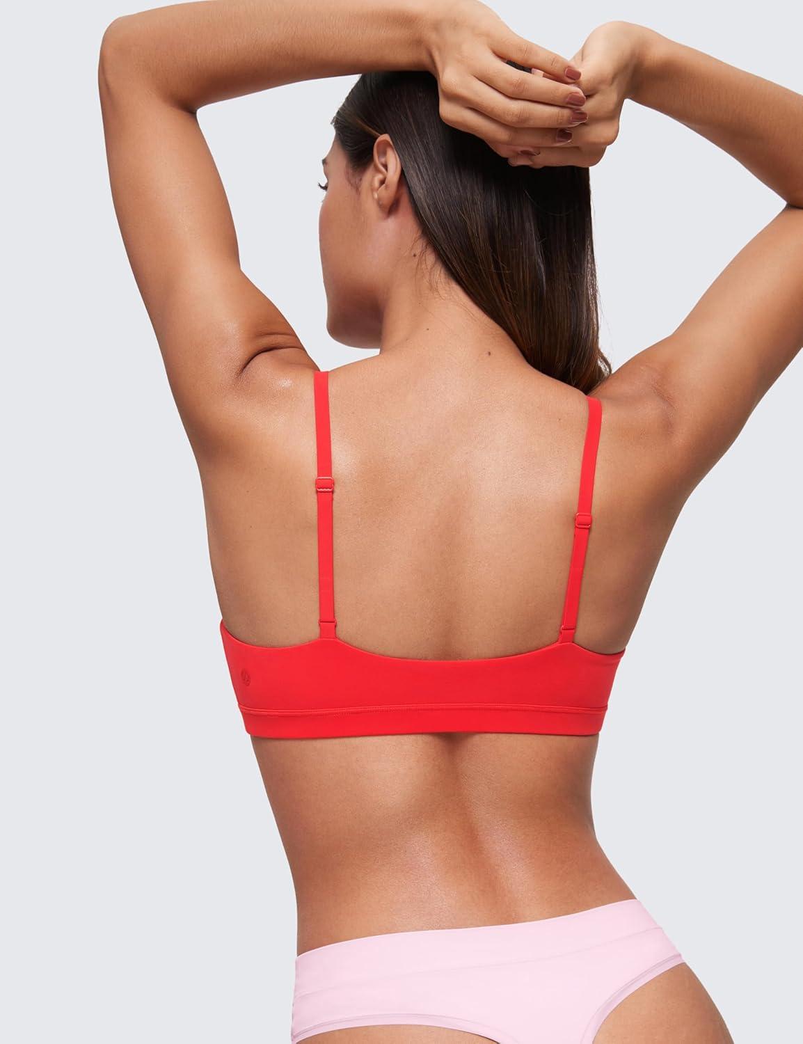 imageCRZ YOGA Softhold Double Lined Scoop Neck Bralette Womens Adjustable Straps Cami Wireless Sleep TShirt Everyday BraDeep Red