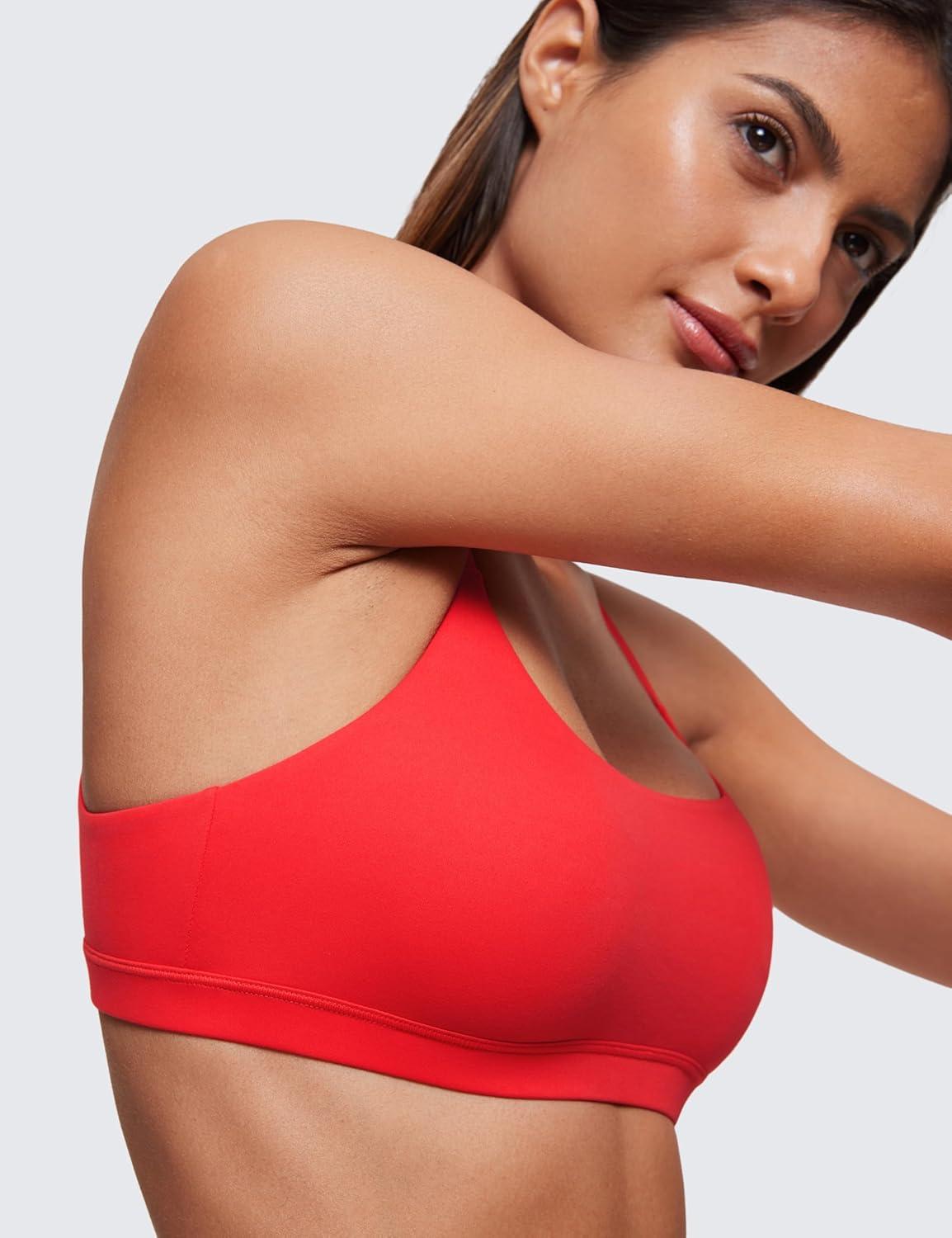 imageCRZ YOGA Softhold Double Lined Scoop Neck Bralette Womens Adjustable Straps Cami Wireless Sleep TShirt Everyday BraDeep Red