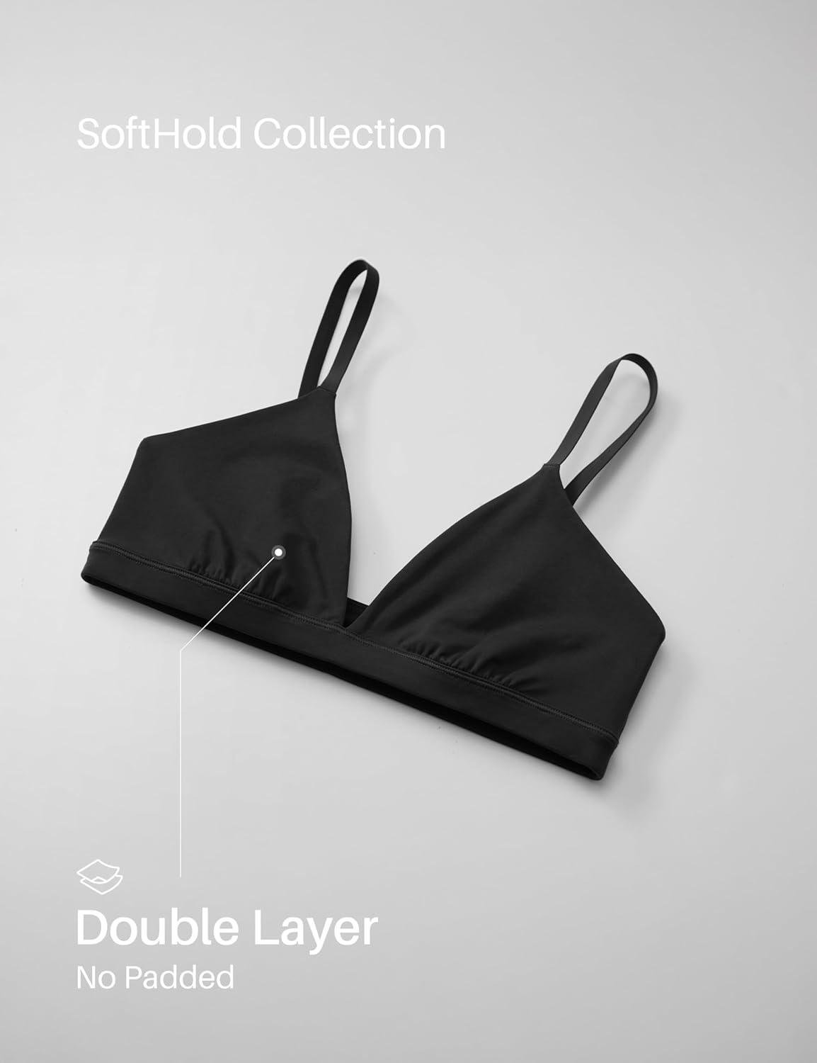 imageCRZ YOGA Softhold Double Lined Triangle Bralette Womens Adjustable Straps Wireless Cami Plunge TShirt Everyday Bra ComfyBlack