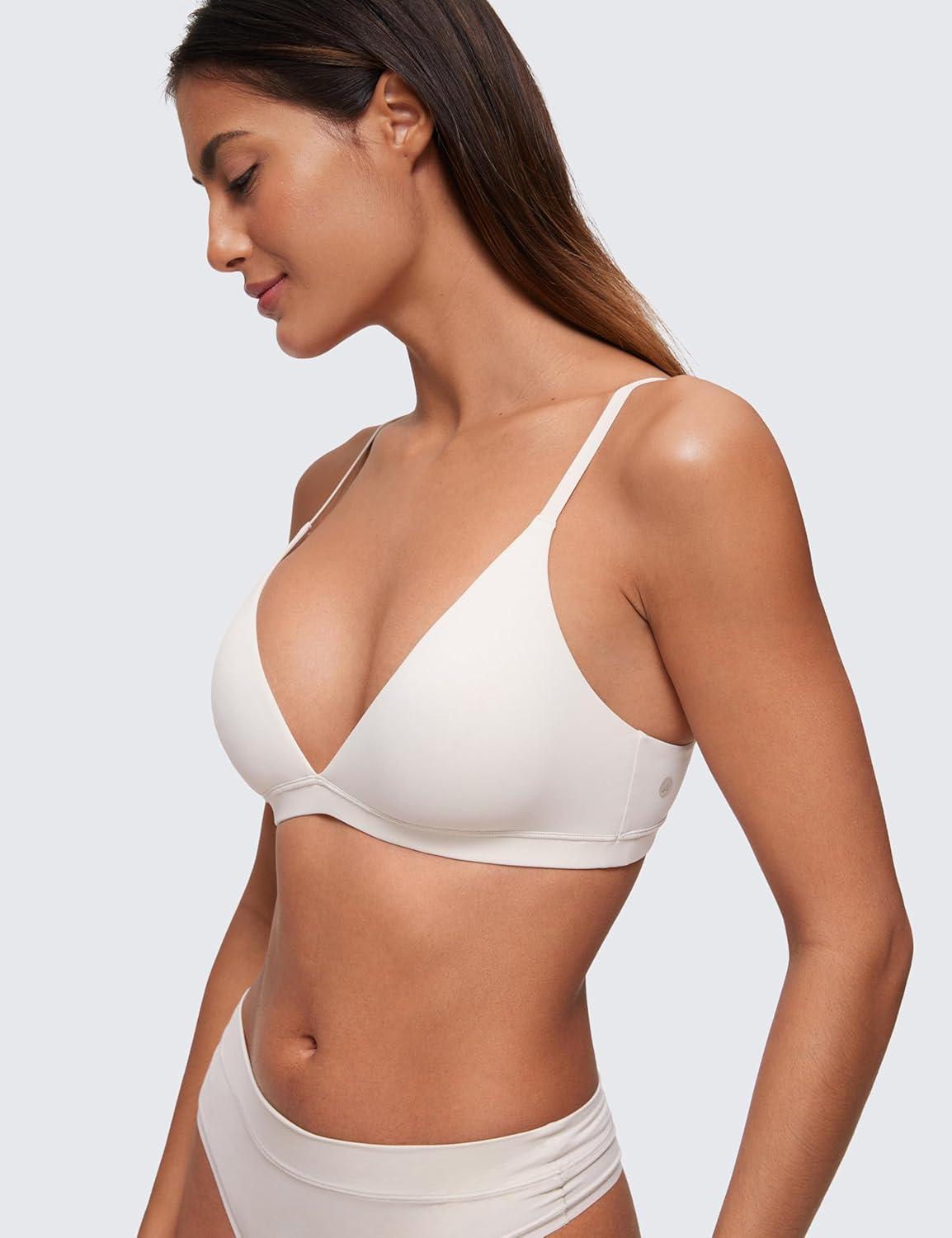 imageCRZ YOGA Softhold Double Lined Triangle Bralette Womens Adjustable Straps Wireless Cami Plunge TShirt Everyday Bra ComfyMilky White