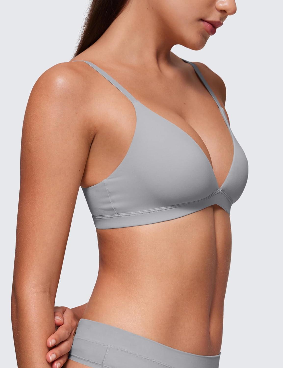 imageCRZ YOGA Softhold Double Lined Triangle Bralette Womens Adjustable Straps Wireless Cami Plunge TShirt Everyday Bra ComfyRhino Grey