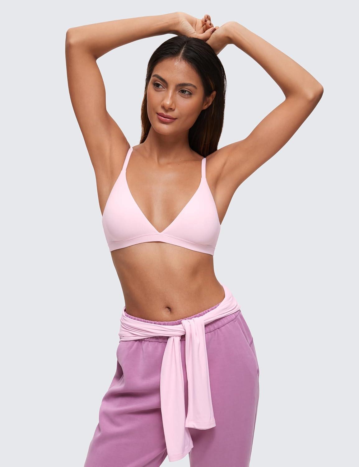 imageCRZ YOGA Softhold Double Lined Triangle Bralette Womens Adjustable Straps Wireless Cami Plunge TShirt Everyday Bra ComfyStrawberry Pink