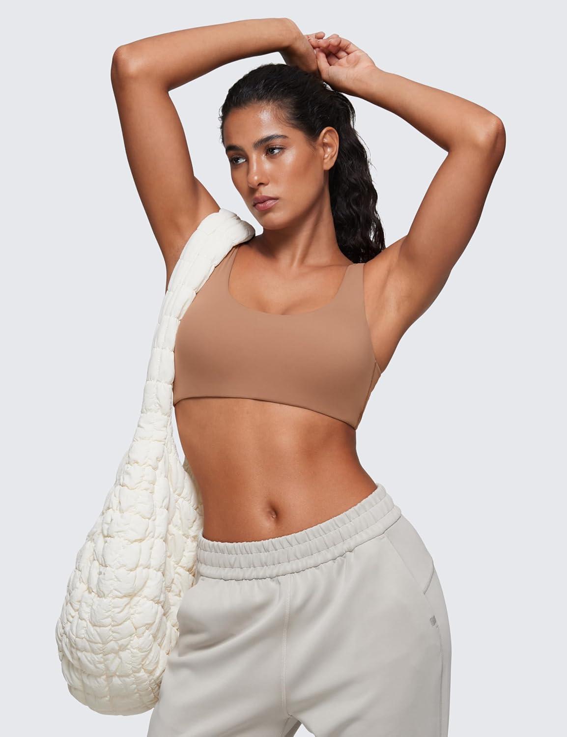 imageCRZ YOGA Softhold Double Lined U Back Bralette Womens Scoop Neck Lounge TShirt Everyday Bras Smooth Wireless CamiGravel Beige