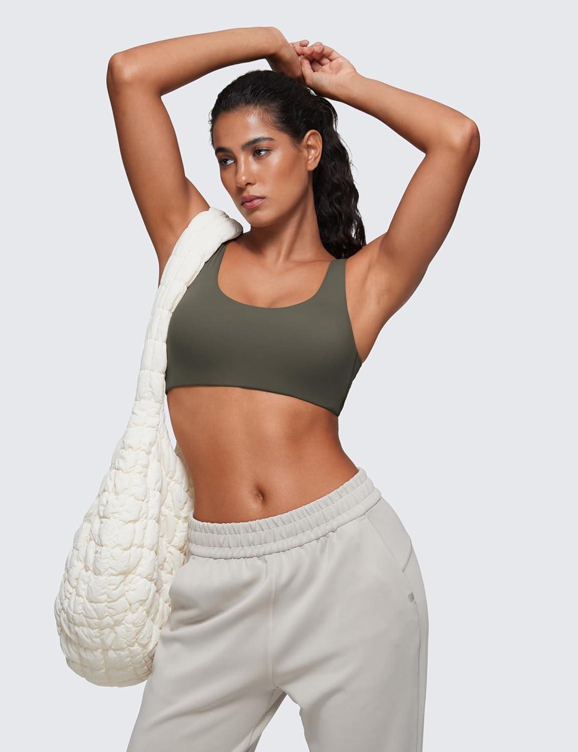 imageCRZ YOGA Softhold Double Lined U Back Bralette Womens Scoop Neck Lounge TShirt Everyday Bras Smooth Wireless CamiLight Army Green