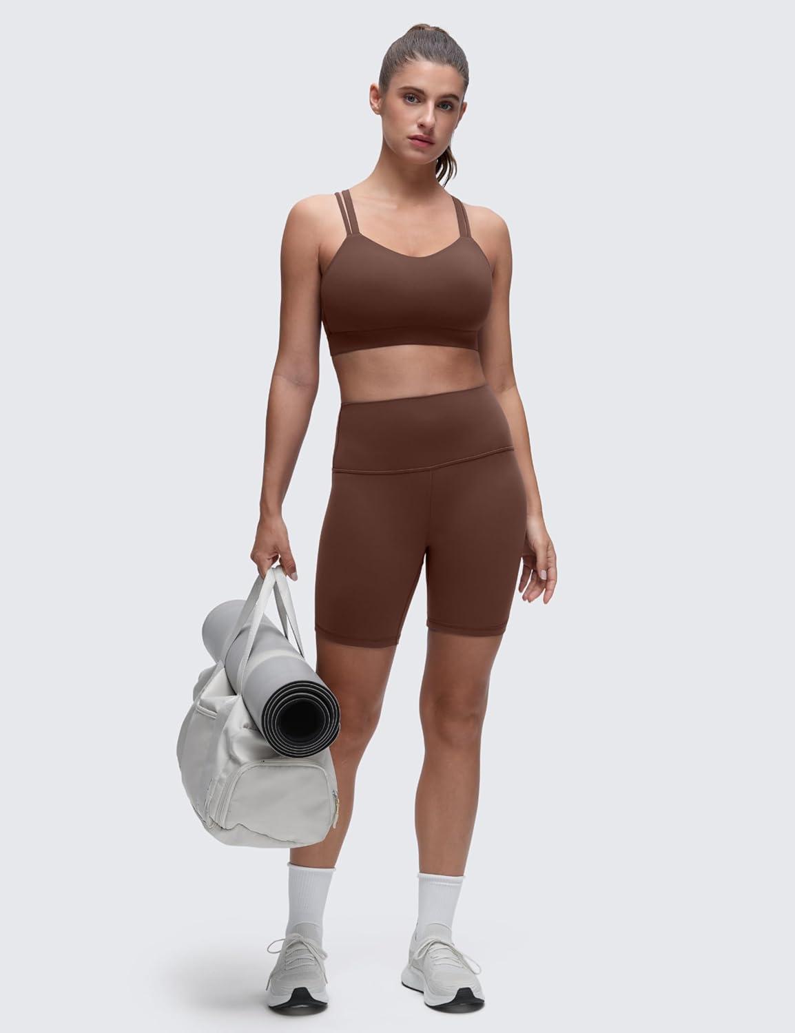 imageCRZ YOGA Softness Mold Butterluxe DDD Cup Longline Sports Bras for Women Supportive Double Straps Cross Back Yoga TopCoffee Brown