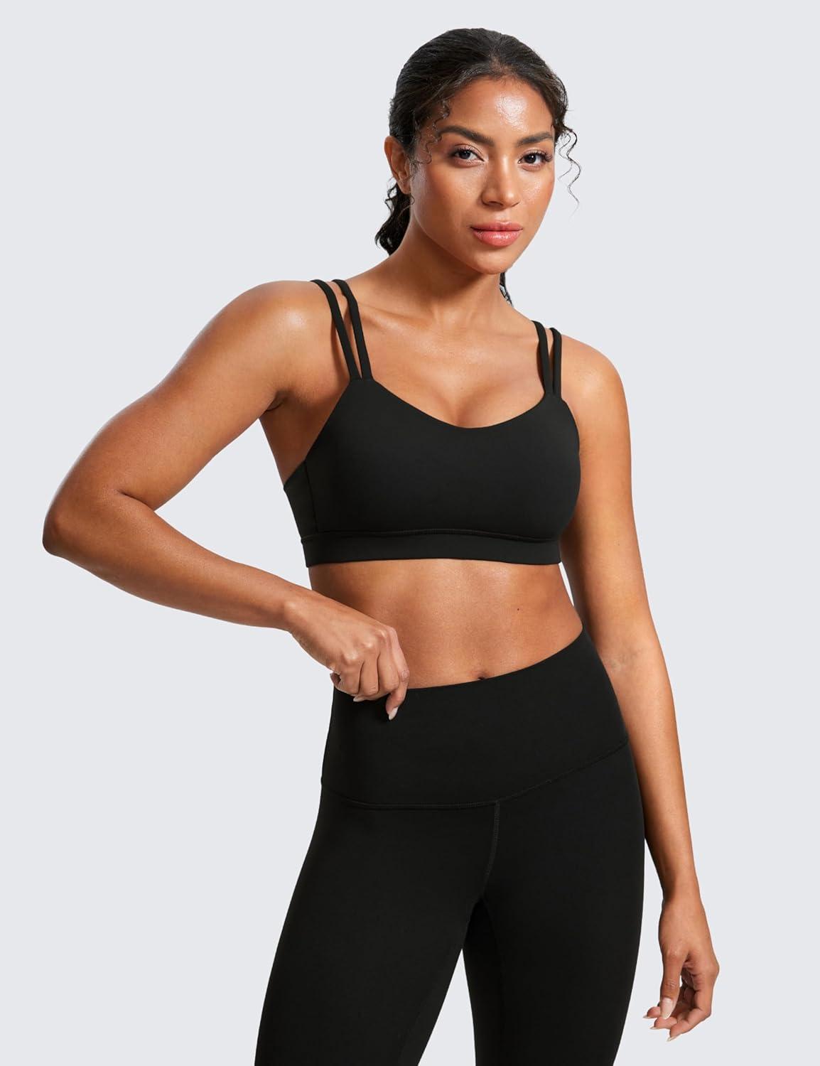 imageCRZ YOGA Softness Mold Butterluxe V Neck Sports Bras for Women Workout Top Double Spaghetti Straps Wireless Yoga ClothesBlack