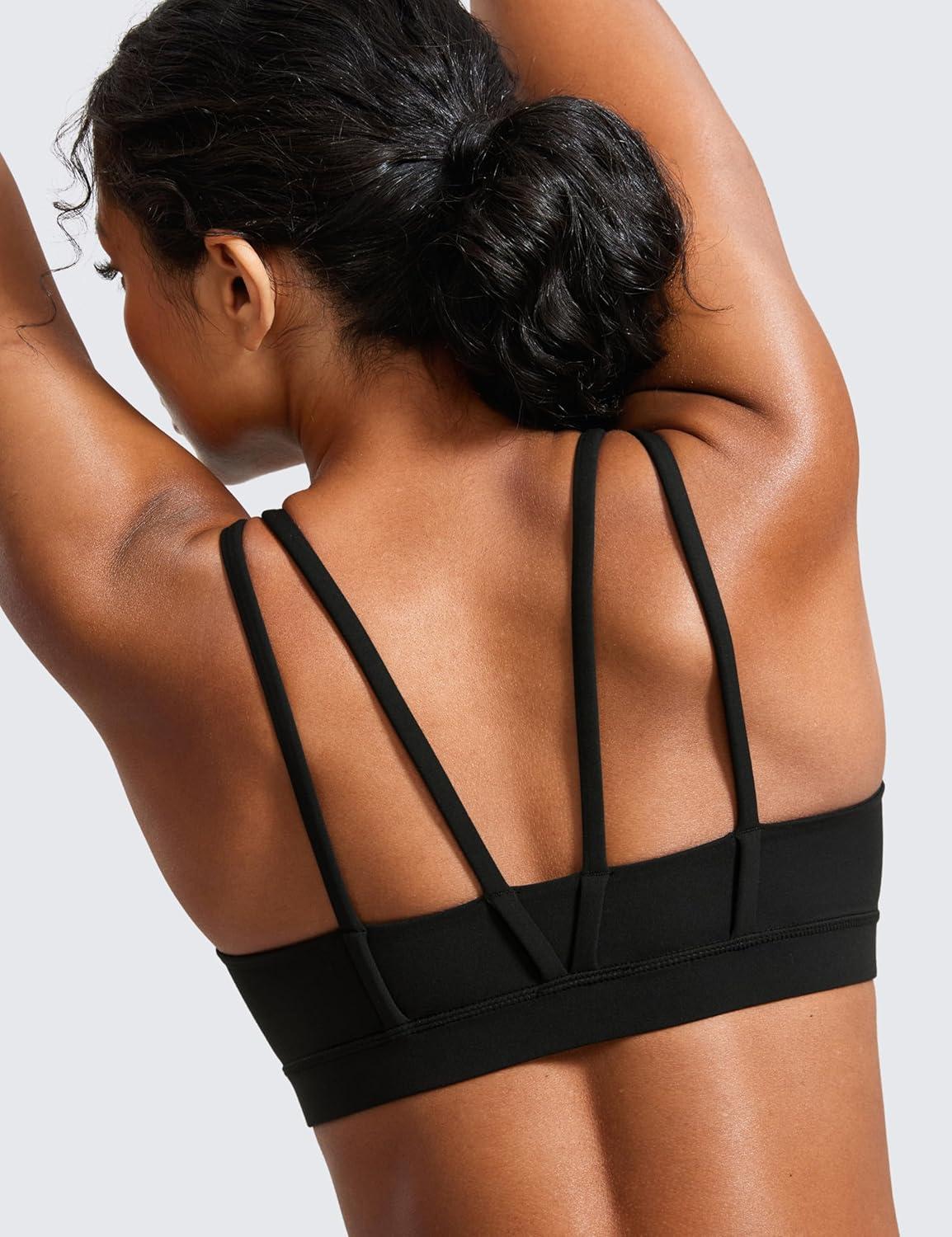 imageCRZ YOGA Softness Mold Butterluxe V Neck Sports Bras for Women Workout Top Double Spaghetti Straps Wireless Yoga ClothesBlack