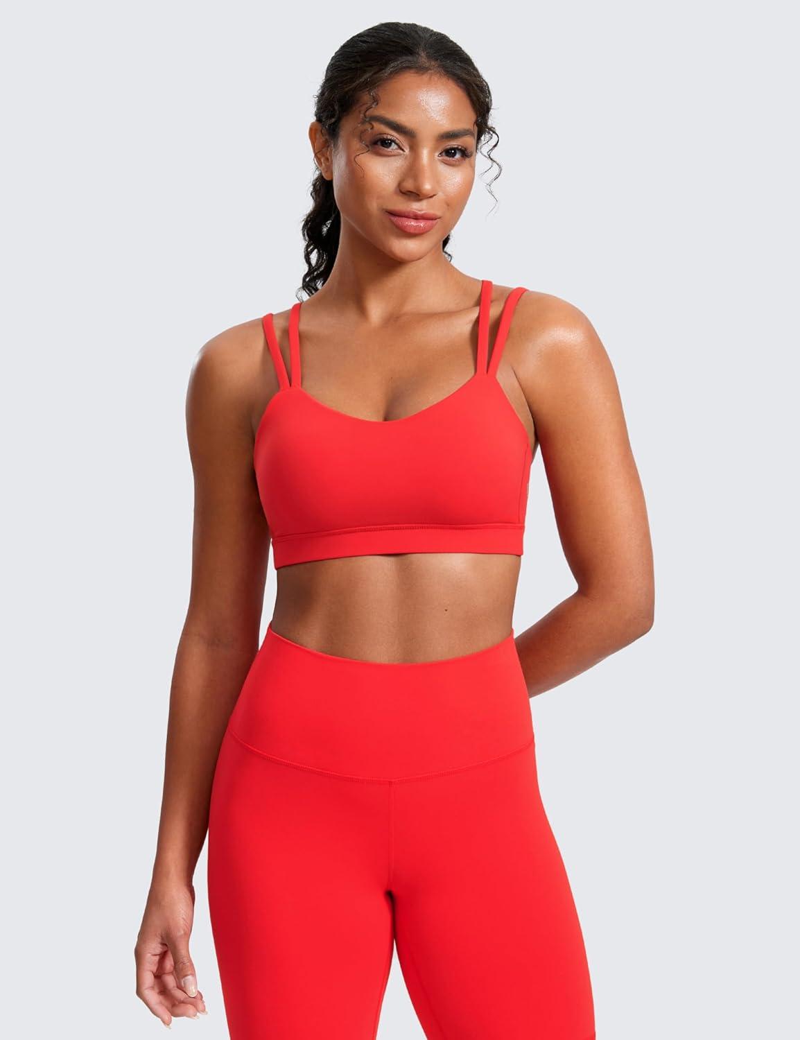 imageCRZ YOGA Softness Mold Butterluxe V Neck Sports Bras for Women Workout Top Double Spaghetti Straps Wireless Yoga ClothesDeep Red