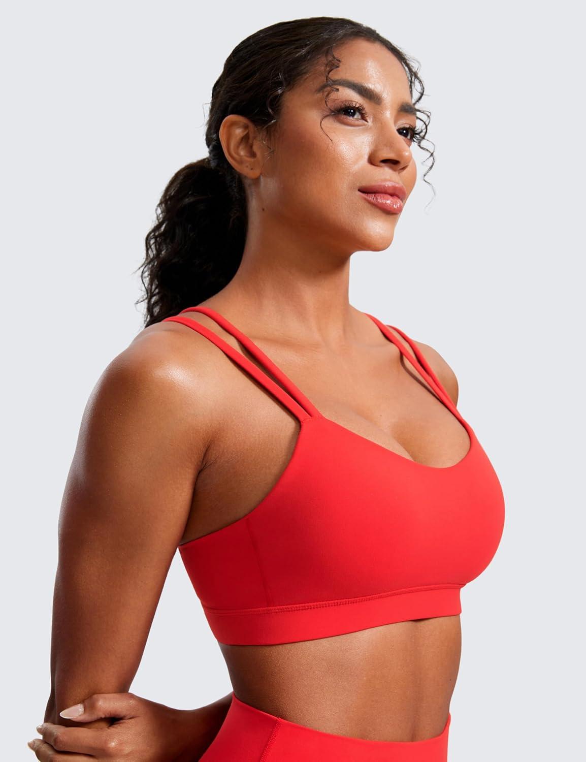 imageCRZ YOGA Softness Mold Butterluxe V Neck Sports Bras for Women Workout Top Double Spaghetti Straps Wireless Yoga ClothesDeep Red