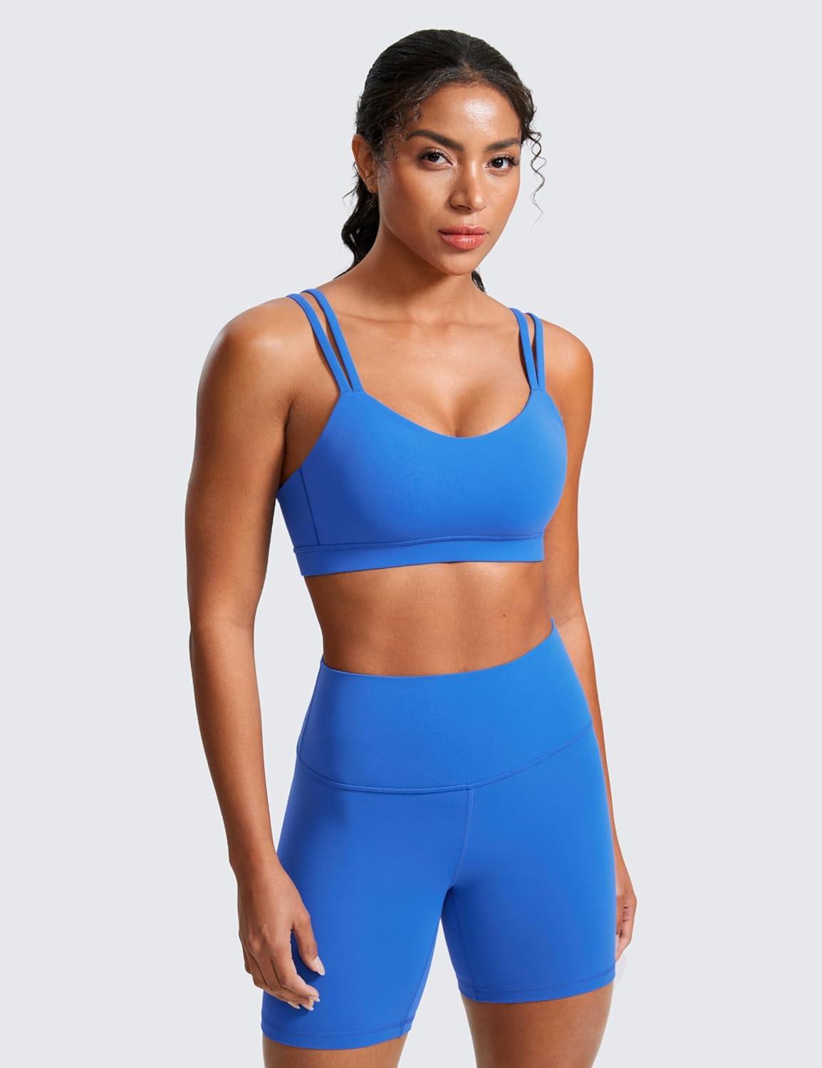 imageCRZ YOGA Softness Mold Butterluxe V Neck Sports Bras for Women Workout Top Double Spaghetti Straps Wireless Yoga ClothesSparkle Blue