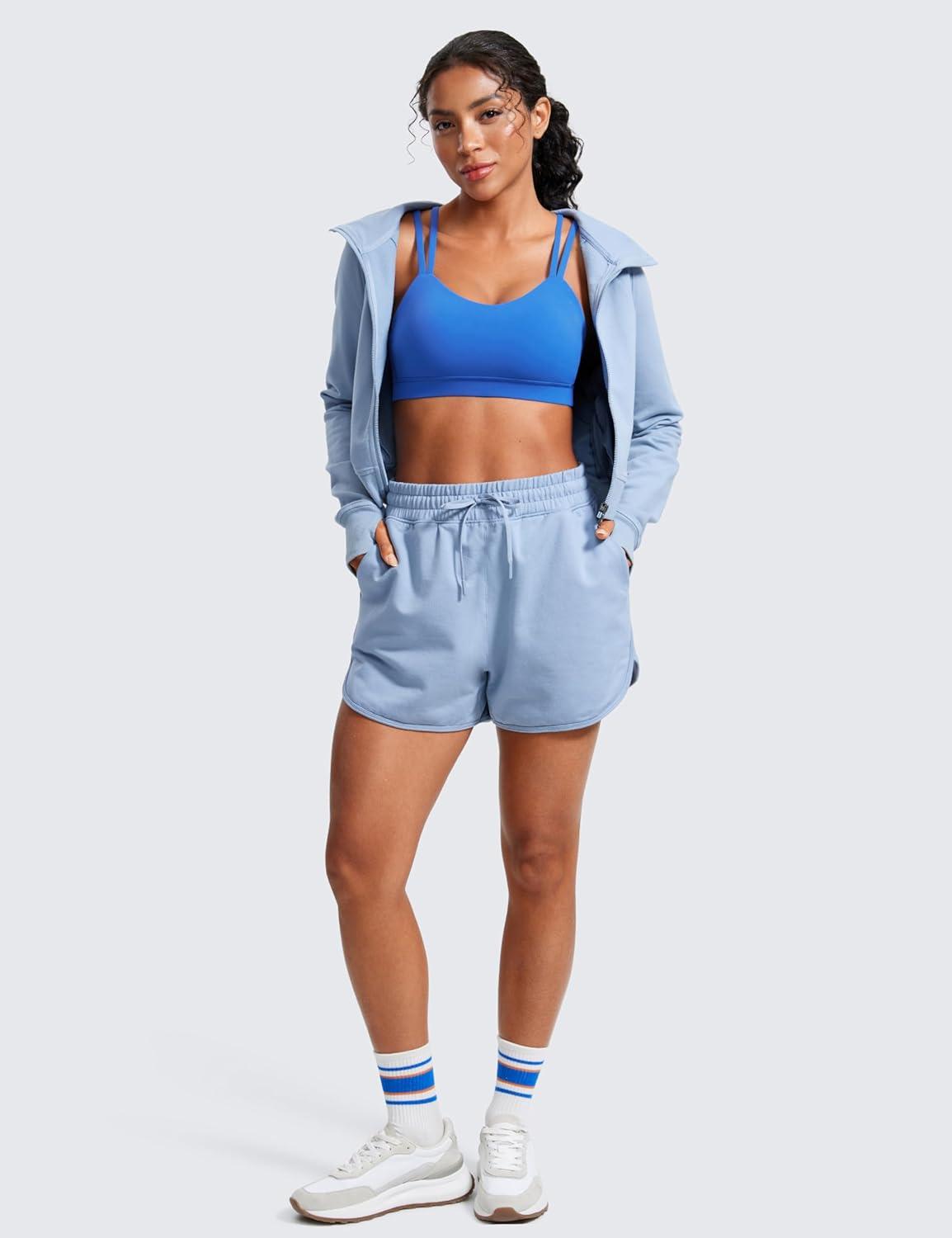 imageCRZ YOGA Softness Mold Butterluxe V Neck Sports Bras for Women Workout Top Double Spaghetti Straps Wireless Yoga ClothesSparkle Blue