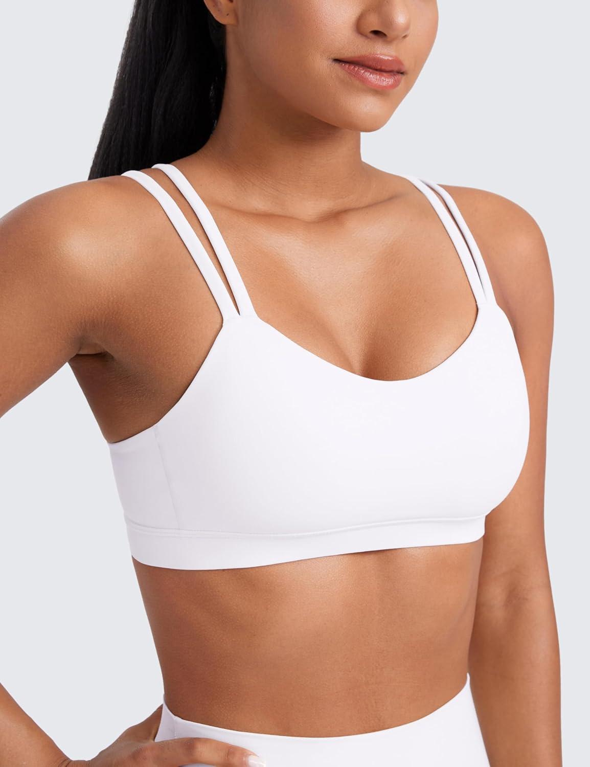 imageCRZ YOGA Softness Mold Butterluxe V Neck Sports Bras for Women Workout Top Double Spaghetti Straps Wireless Yoga ClothesWhite
