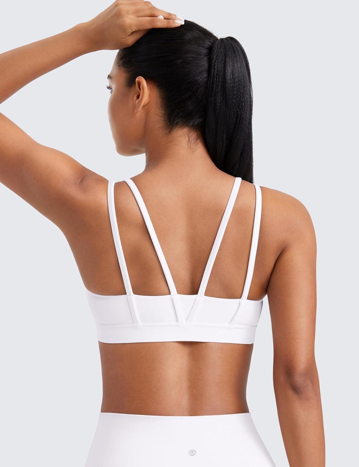 imageCRZ YOGA Softness Mold Butterluxe V Neck Sports Bras for Women Workout Top Double Spaghetti Straps Wireless Yoga ClothesWhite