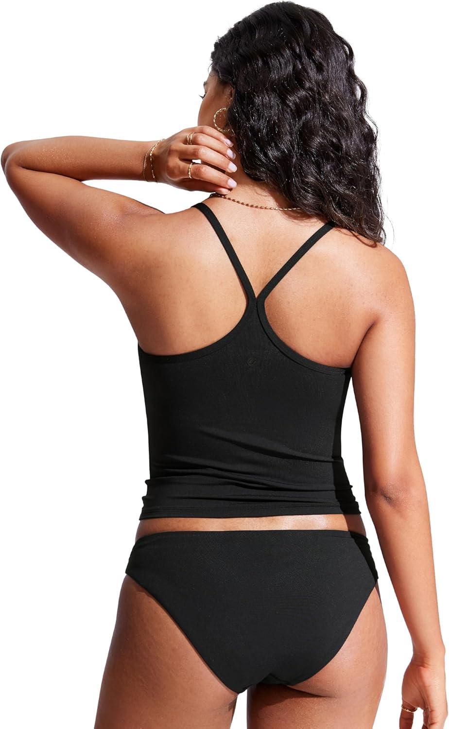 imageCRZ YOGA Spaghetti Straps Tankini Tops for Women Padded Racerback Scoop Neck Bathing Suit Crop Swim TankBlack