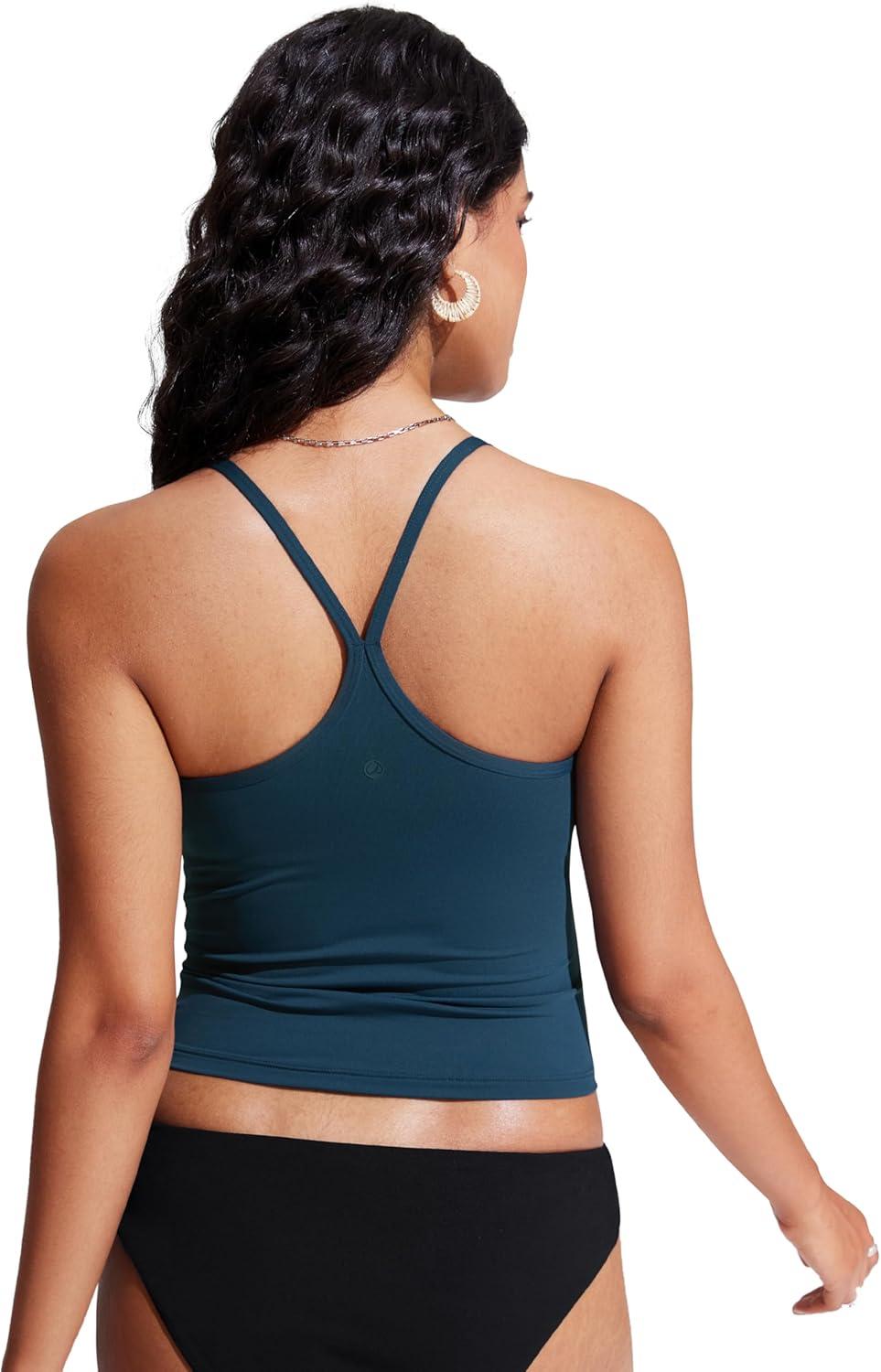 imageCRZ YOGA Spaghetti Straps Tankini Tops for Women Padded Racerback Scoop Neck Bathing Suit Crop Swim TankInsignia Blue