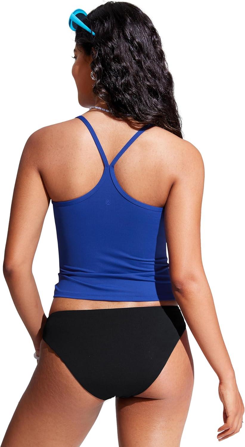 imageCRZ YOGA Spaghetti Straps Tankini Tops for Women Padded Racerback Scoop Neck Bathing Suit Crop Swim TankWaves Blue