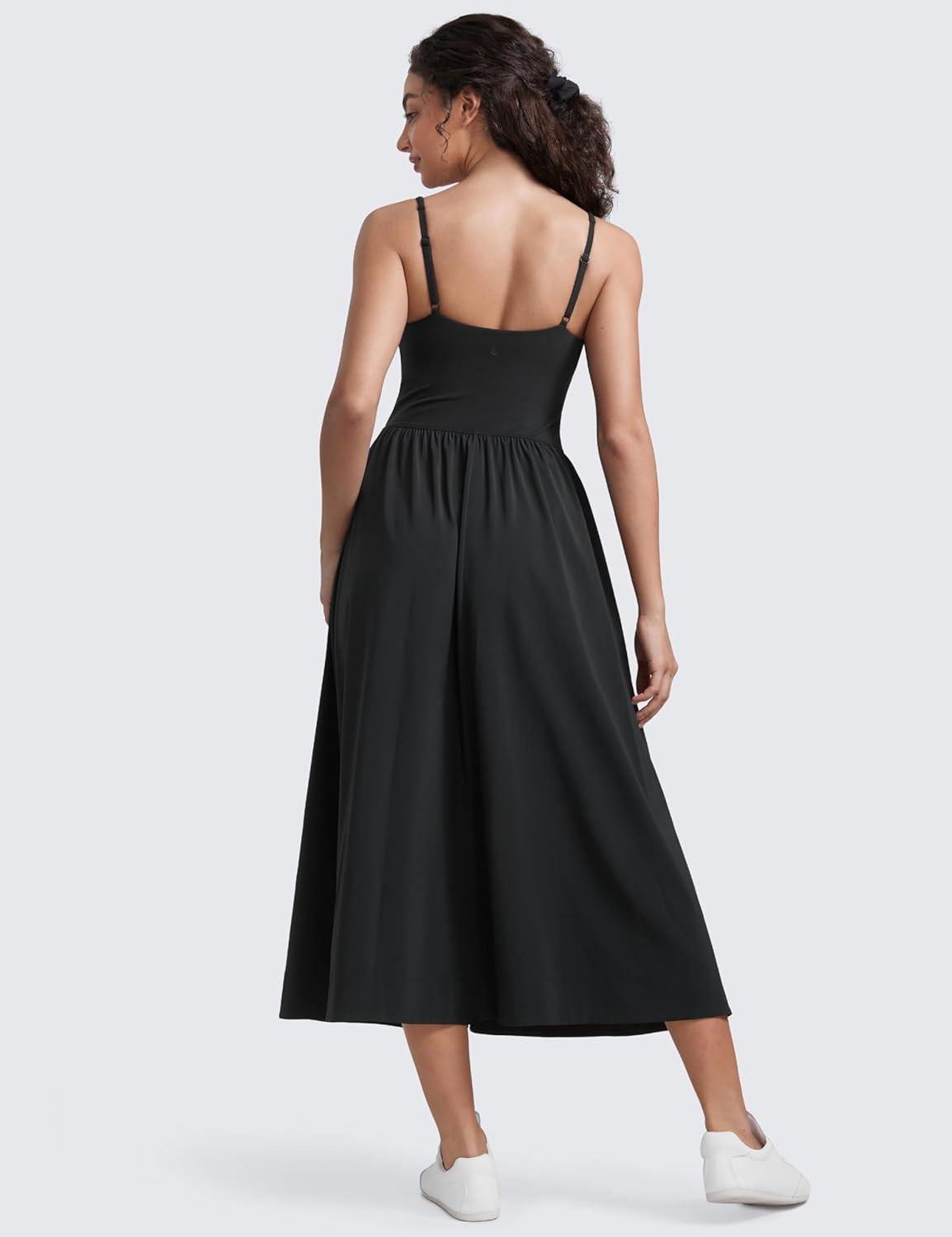 imageCRZ YOGA Square Neck Maxi Dress for Women Flowy Sleeveless Padded Travel Casual Outfits with Side PocketsBlack