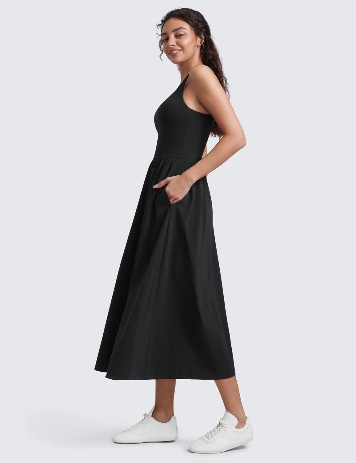 imageCRZ YOGA Square Neck Maxi Dress for Women Flowy Sleeveless Padded Travel Casual Outfits with Side PocketsBlack