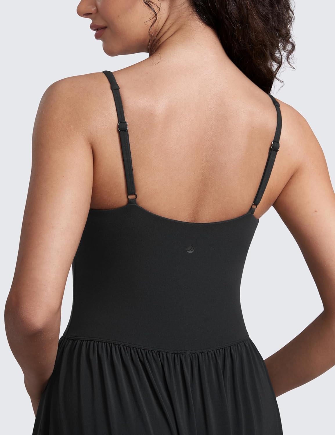 imageCRZ YOGA Square Neck Maxi Dress for Women Flowy Sleeveless Padded Travel Casual Outfits with Side PocketsBlack