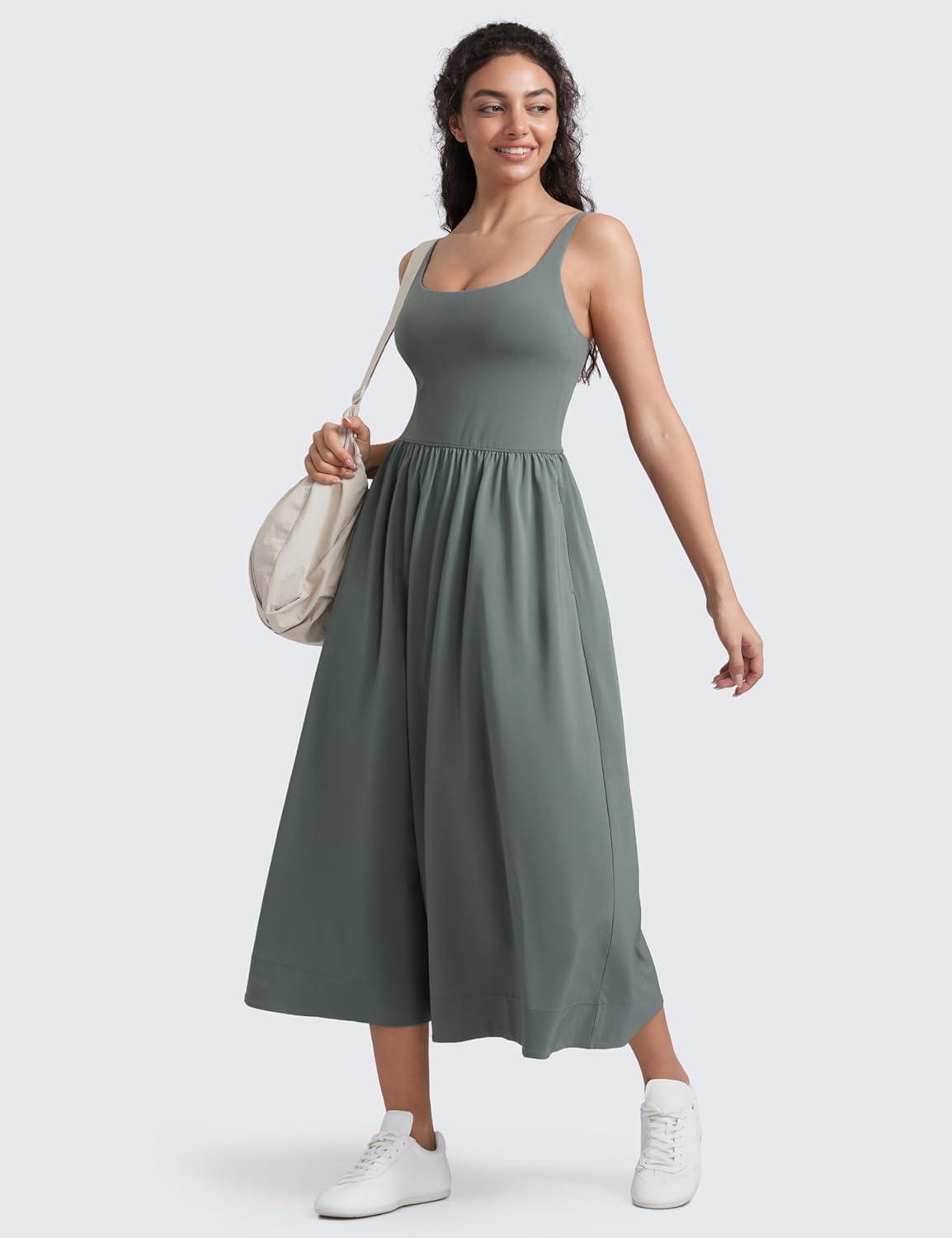 imageCRZ YOGA Square Neck Maxi Dress for Women Flowy Sleeveless Padded Travel Casual Outfits with Side PocketsGrey Sage