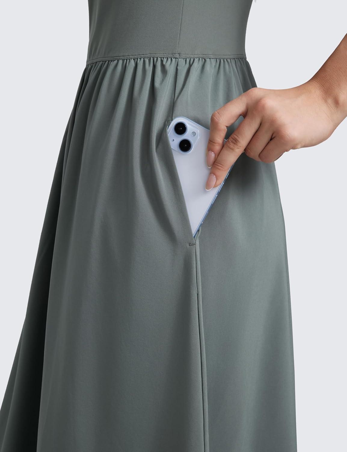 imageCRZ YOGA Square Neck Maxi Dress for Women Flowy Sleeveless Padded Travel Casual Outfits with Side PocketsGrey Sage