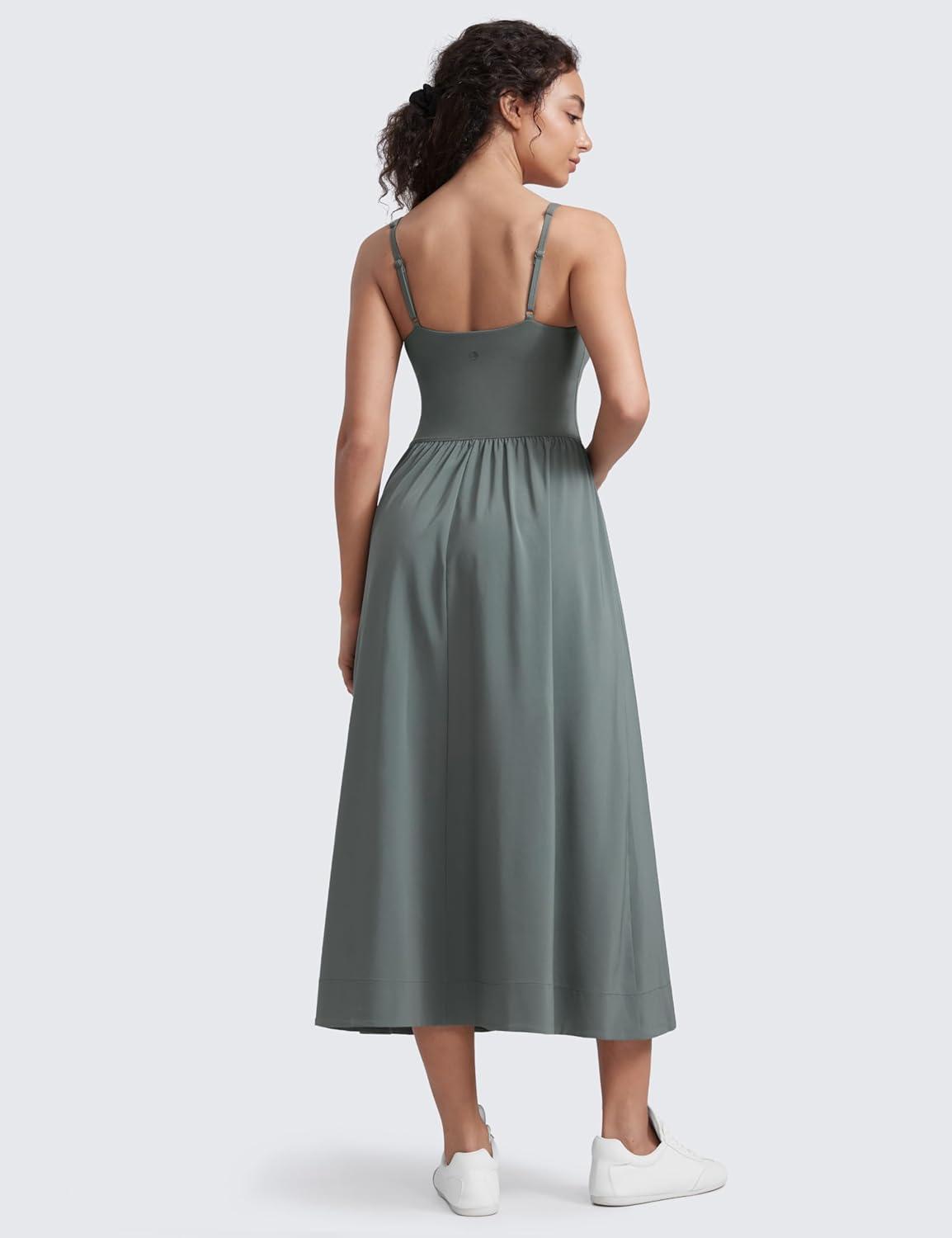 imageCRZ YOGA Square Neck Maxi Dress for Women Flowy Sleeveless Padded Travel Casual Outfits with Side PocketsGrey Sage