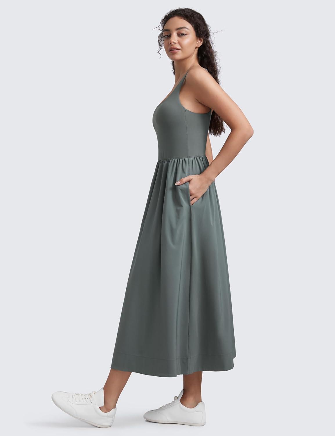 imageCRZ YOGA Square Neck Maxi Dress for Women Flowy Sleeveless Padded Travel Casual Outfits with Side PocketsGrey Sage
