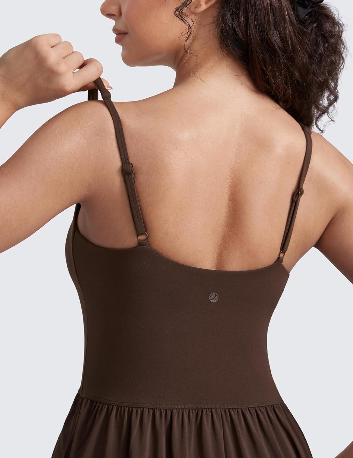 imageCRZ YOGA Square Neck Maxi Dress for Women Flowy Sleeveless Padded Travel Casual Outfits with Side PocketsHot Fudge Brown