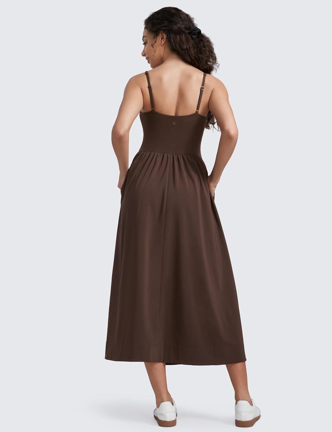 imageCRZ YOGA Square Neck Maxi Dress for Women Flowy Sleeveless Padded Travel Casual Outfits with Side PocketsHot Fudge Brown