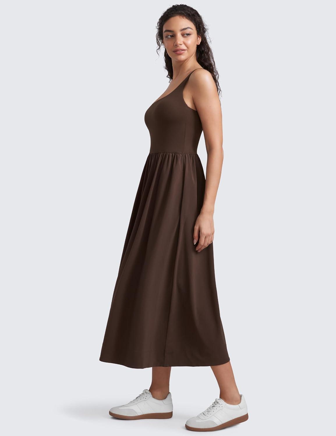 imageCRZ YOGA Square Neck Maxi Dress for Women Flowy Sleeveless Padded Travel Casual Outfits with Side PocketsHot Fudge Brown