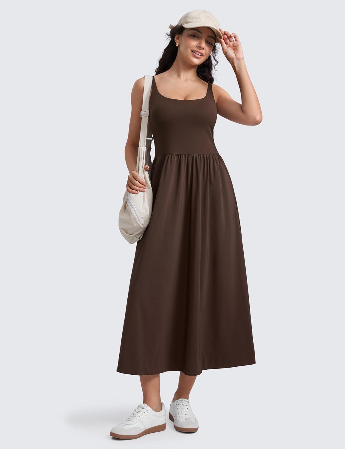 imageCRZ YOGA Square Neck Maxi Dress for Women Flowy Sleeveless Padded Travel Casual Outfits with Side PocketsHot Fudge Brown