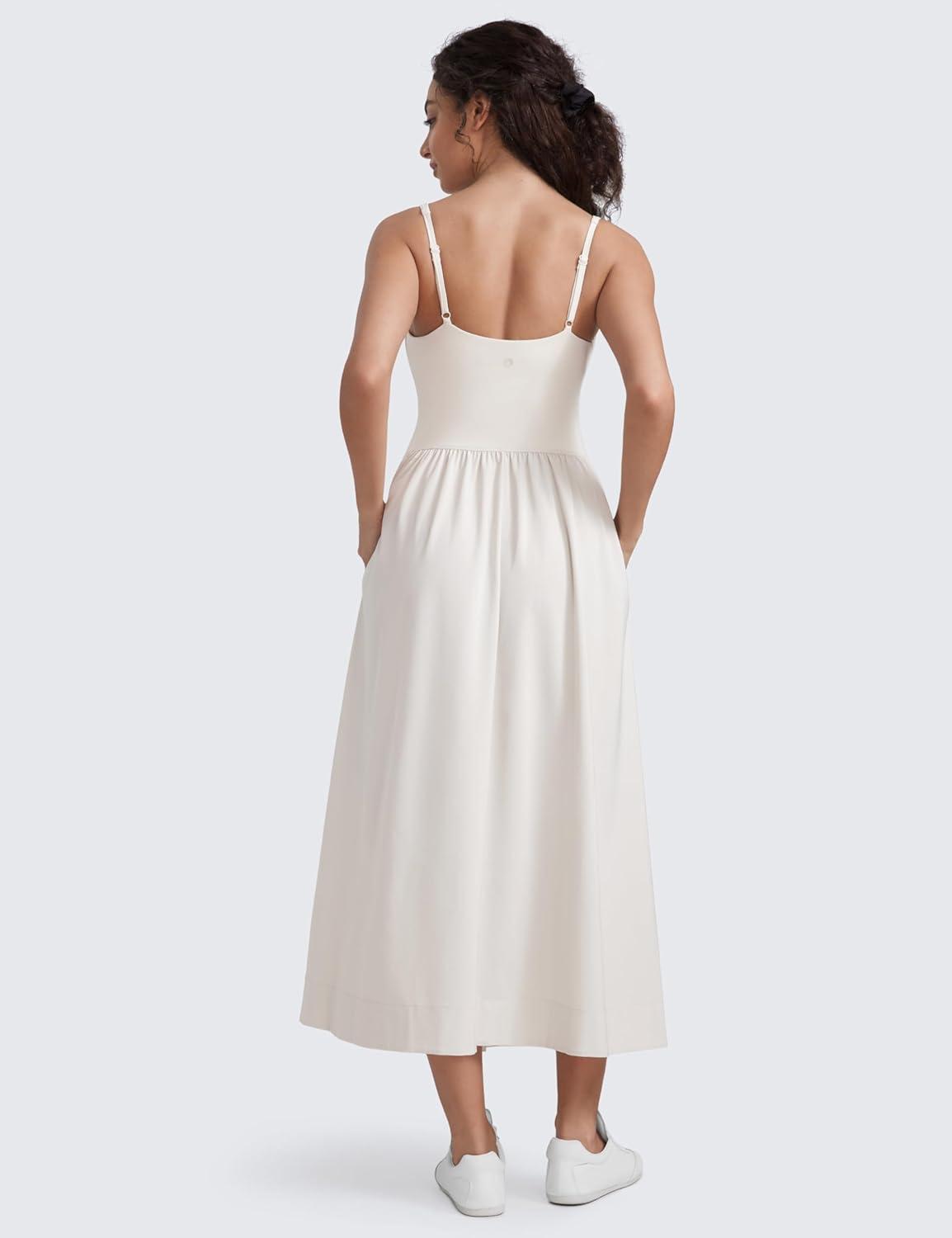 imageCRZ YOGA Square Neck Maxi Dress for Women Flowy Sleeveless Padded Travel Casual Outfits with Side PocketsMilky White