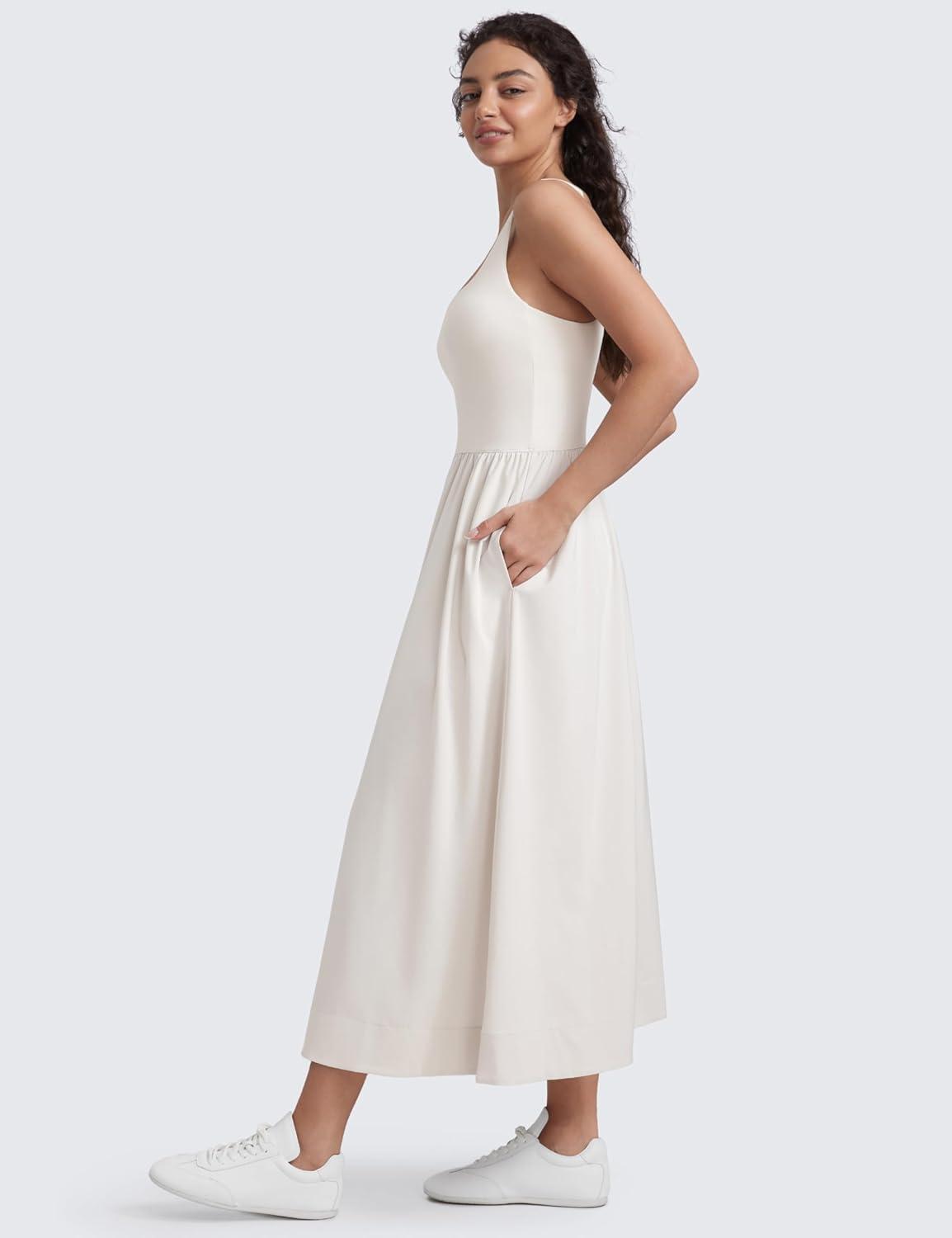 imageCRZ YOGA Square Neck Maxi Dress for Women Flowy Sleeveless Padded Travel Casual Outfits with Side PocketsMilky White
