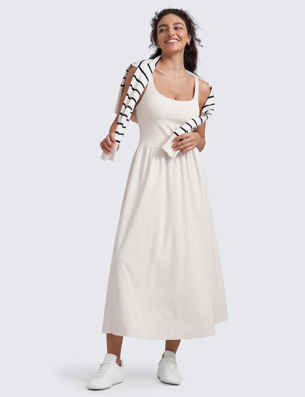 imageCRZ YOGA Square Neck Maxi Dress for Women Flowy Sleeveless Padded Travel Casual Outfits with Side PocketsMilky White