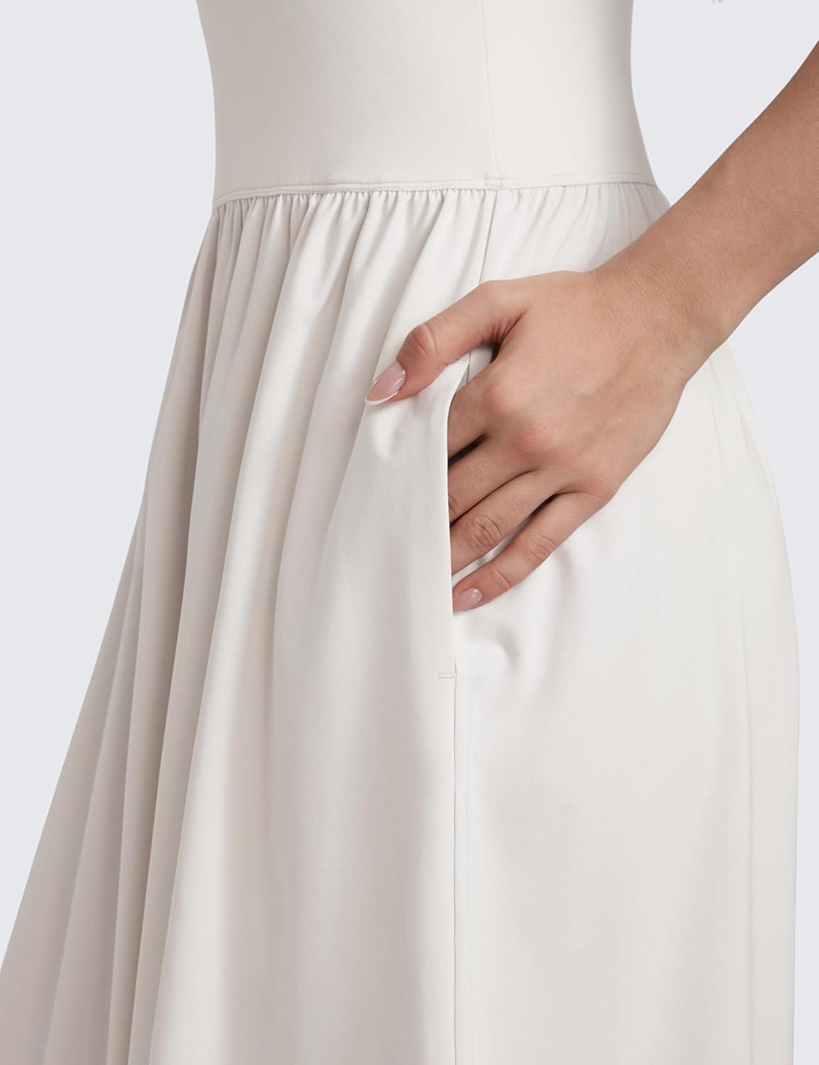 imageCRZ YOGA Square Neck Maxi Dress for Women Flowy Sleeveless Padded Travel Casual Outfits with Side PocketsMilky White