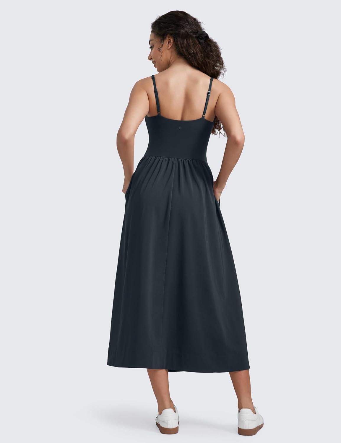 imageCRZ YOGA Square Neck Maxi Dress for Women Flowy Sleeveless Padded Travel Casual Outfits with Side PocketsTrue Navy