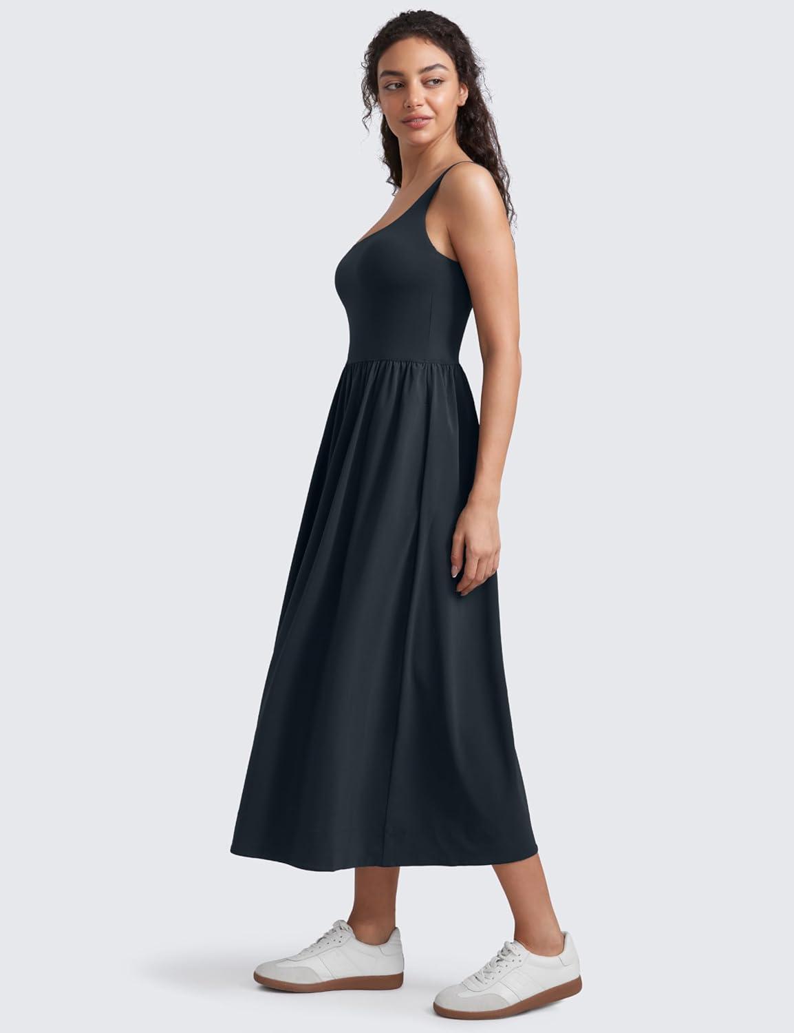 imageCRZ YOGA Square Neck Maxi Dress for Women Flowy Sleeveless Padded Travel Casual Outfits with Side PocketsTrue Navy