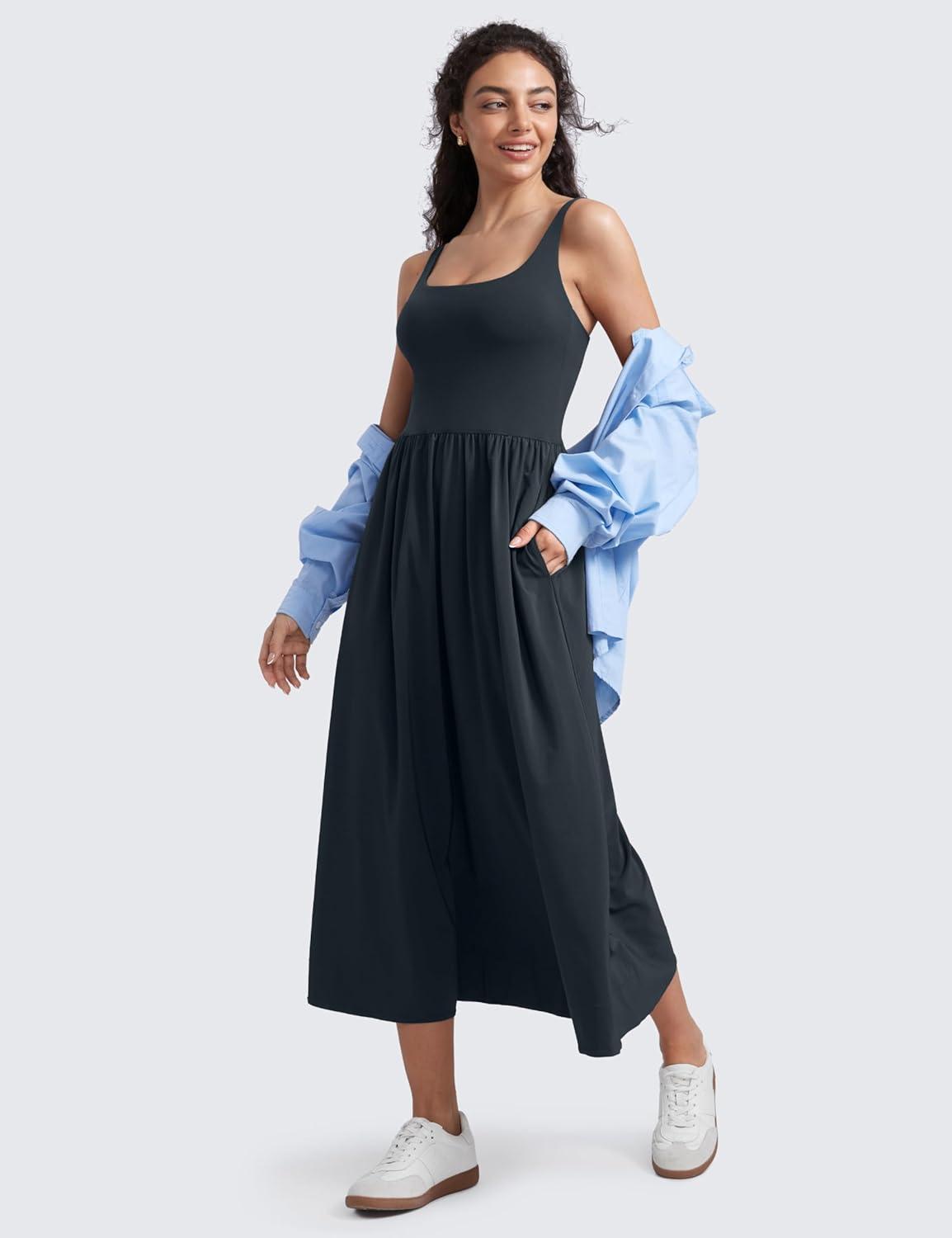 imageCRZ YOGA Square Neck Maxi Dress for Women Flowy Sleeveless Padded Travel Casual Outfits with Side PocketsTrue Navy