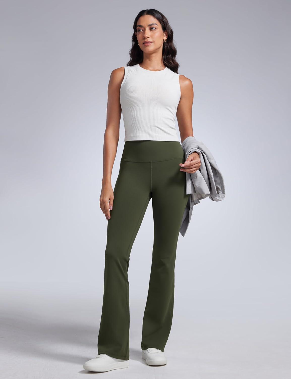 imageCRZ YOGA Women Butterbreeze High Waist Flare Pants 32 Casual Yoga Dress Bootcut Wide LegOlive Green