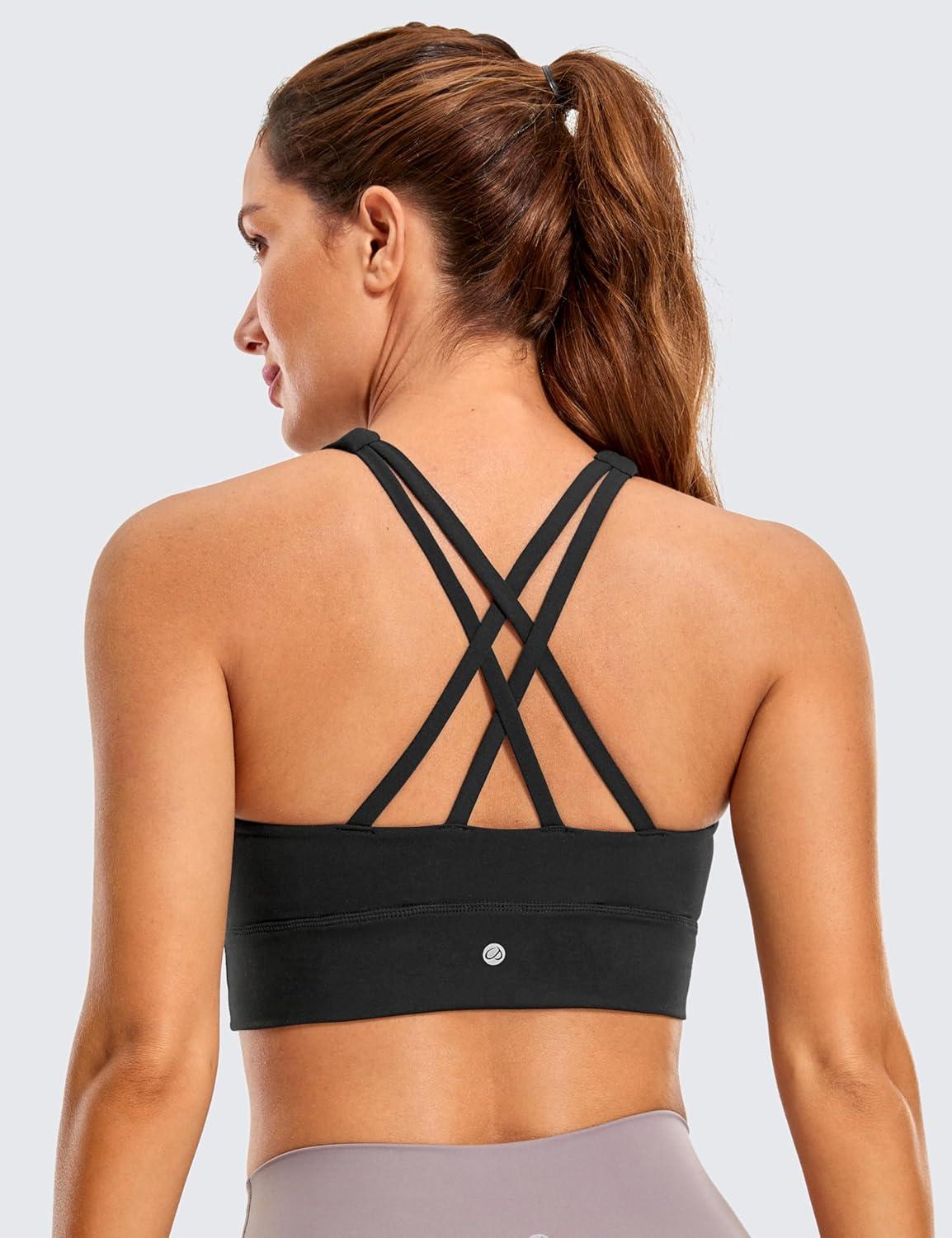 imageCRZ YOGA Womens Butterluxe Strappy High Neck Longline Sports Bra Wireless Criss Cross Back Padded Workout Cropped TopBlack