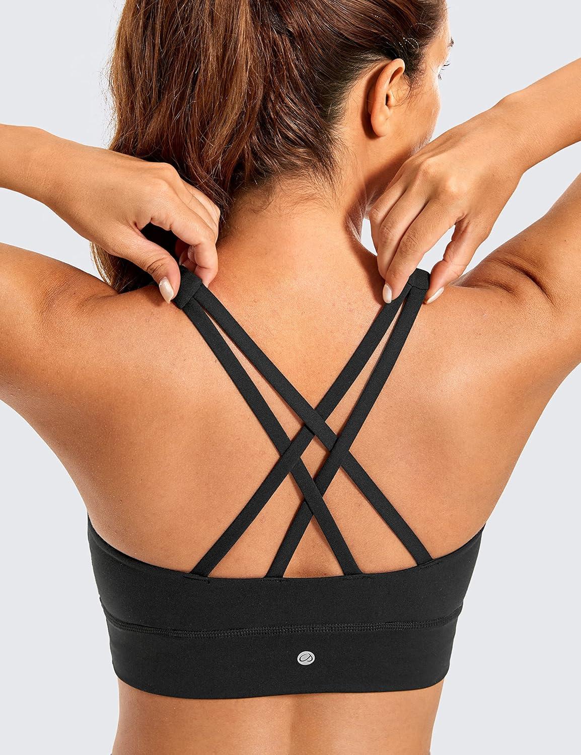 imageCRZ YOGA Womens Butterluxe Strappy High Neck Longline Sports Bra Wireless Criss Cross Back Padded Workout Cropped TopBlack