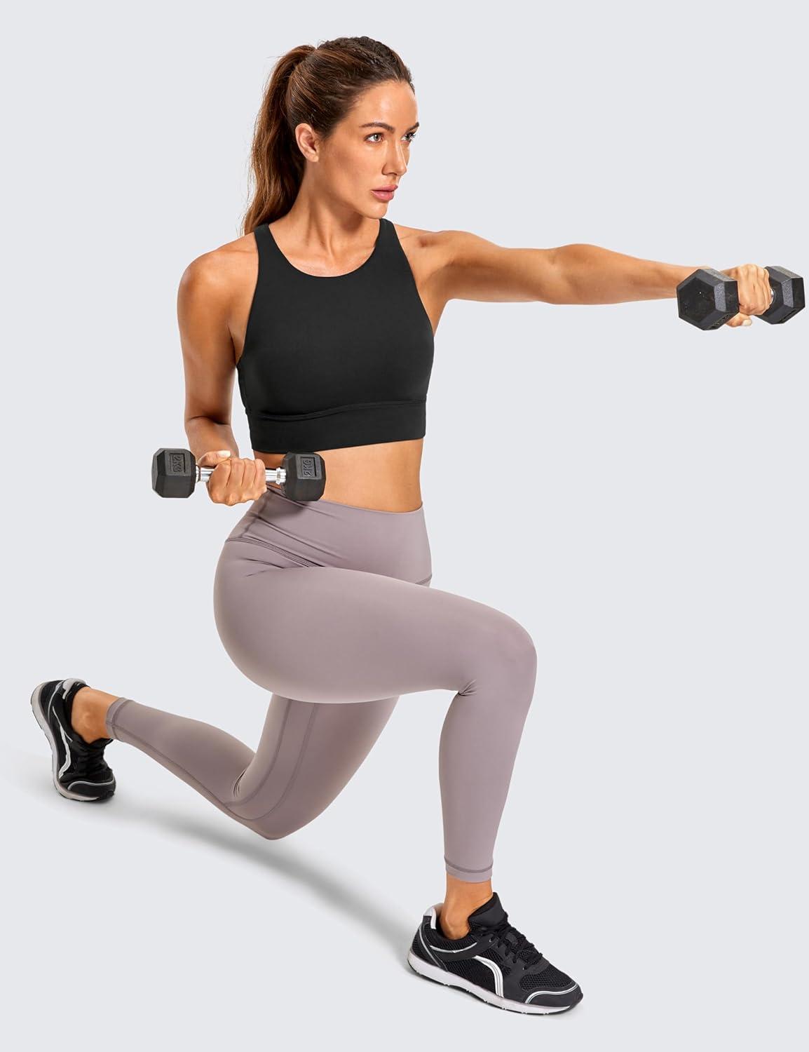 imageCRZ YOGA Womens Butterluxe Strappy High Neck Longline Sports Bra Wireless Criss Cross Back Padded Workout Cropped TopBlack